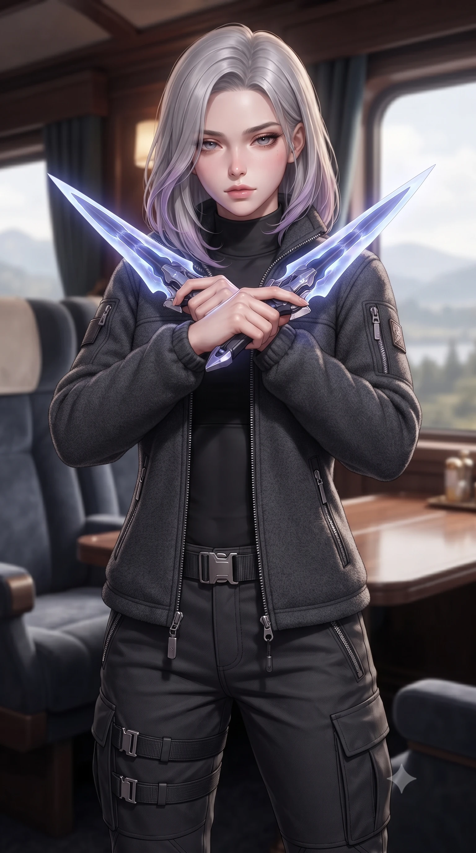 score_9, masterpiece, best quality, ultra-detailed, high-budget anime keyframe, editorial fashion photography, tasteful artistic composition, Caucasian woman. close-up cowboy shot from the waist and thighs up, the character dominates the composition, filling the frame with her large presence, background elements kept in soft focus. holding two energy daggers crossed in front of her elegant collarbone, casting a heavy-lidded, sultry look, the background shows a soft-focus a private compartment on a scenic rail liner with velvet passenger seats. She has an exceptionally elegant, slender, and willowy female figure with an ultra-slim waist, a gracefully sculpted slender torso, and a refined silhouette. sharp v-shaped jawline, high-bridge nose, intricate jewel-like eyes with depth, thick eyelashes, glossy lips with a natural sheen. wearing a tailored comfortable charcoal fleece flight jacket over a protective high-neck undershirt and utility cargo pants. soft spotlighting highlighting the detailed fabrics and textures of her gear. ultra-reflective glossy finish, specular highlights, metallic sheen, high-contrast stereoscopic depth, volumetric dynamic lighting, 2k, ultra detail, master piece, 9:16 ratio