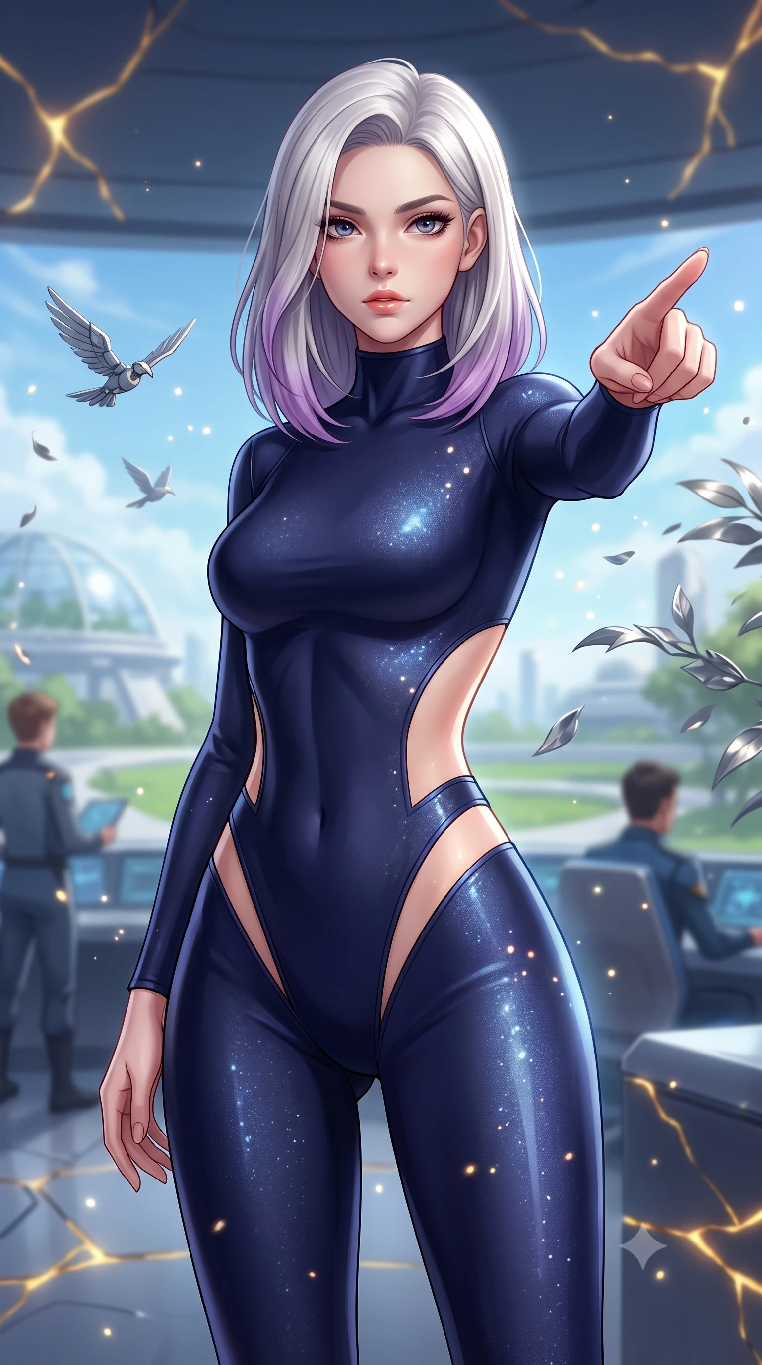 score_9, masterpiece, best quality, ultra-detailed, high-budget anime keyframe, editorial fashion photography, tasteful artistic composition, Caucasian woman, strictly human ears. close-up cowboy shot from the waist and thighs up, the character dominates the composition, filling the frame with her large presence, background elements kept in soft focus. Commanding the starship crew with a decisive gesture, pointing toward the galactic viewscreen. set against a soft-focus background of a clean park inside a dome where mechanical birds fly and metallic foliage moves in breeze. She has an exceptionally elegant and slender, willowy female figure with an ultra-slim waist, a gracefully sculpted slender torso, and a refined slim physique. sharp v-shaped jawline, high-bridge nose, intricate jewel-like eyes with depth, thick eyelashes, glossy lips with a natural sheen. wearing catching and diffusing the glowing particles, shimmering softly in response to the surrounding light, a form-contouring form-fitting catsuit in deep navy with high-cut legs and side torso panels exposed, highlighting her slender waist. highly saturated vibrant anime colors, intense vivid color palette, soft 3D volumetric shading, volumetric dynamic lighting, glowing kintsugi gold light radiating from cracks in the environment creating a majestic inner glow. 2k, ultra detail, master piece, 9:16 ratio