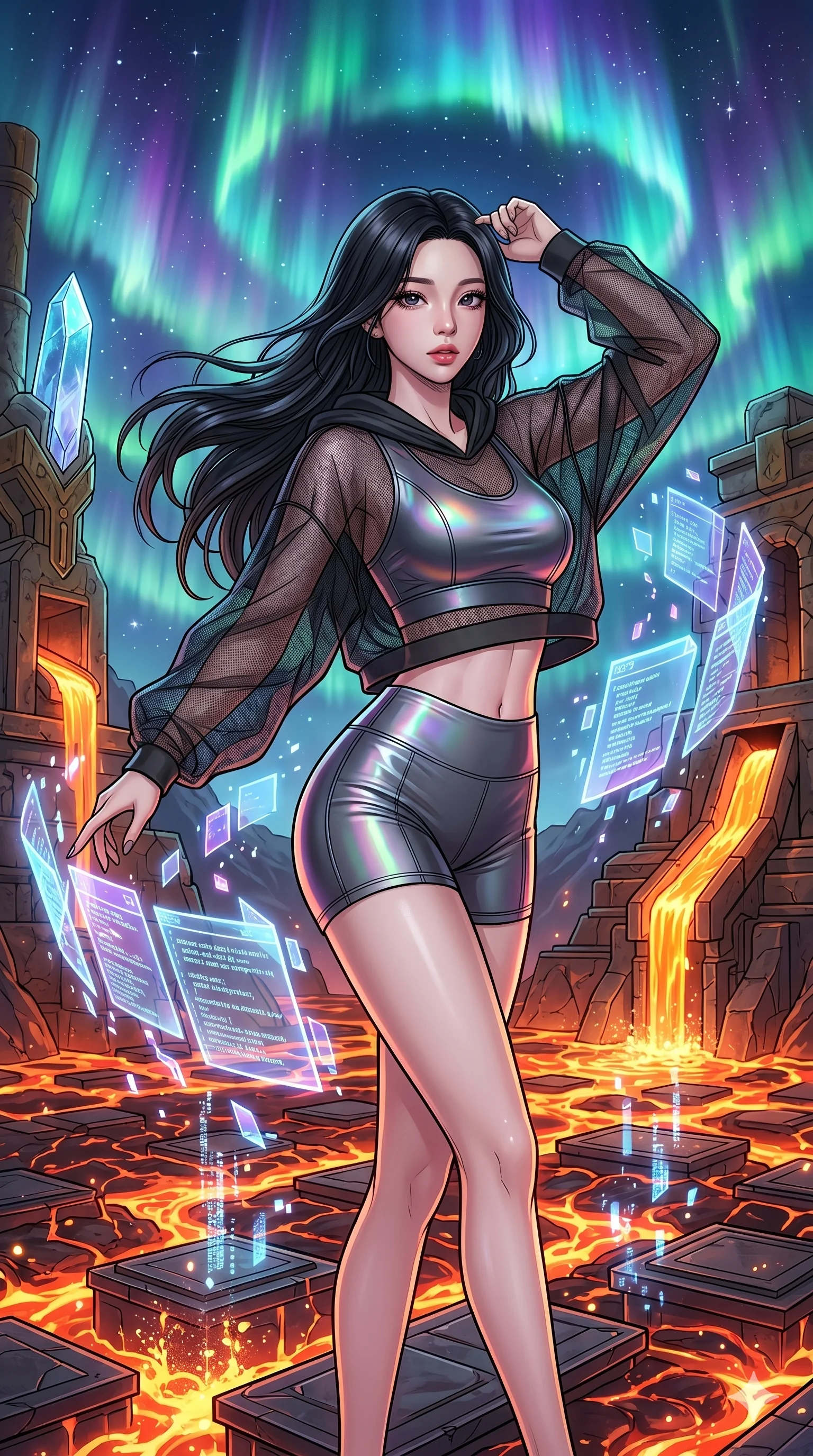 score_9, masterpiece, best quality, ultra-detailed, high-budget anime movie keyframe, cinematic anime lighting, intricate line art, Caucasian (strictly human ears) woman. Upper body filling screen focusing on her alluring features and slim-fit silhouette. dancing with data-shards in a volcanic lava forge amidst aurora borealis. She has an absolutely perfect 8-heads proportion, an exceptionally tall and slender female figure with an ultra-slim waist and impossibly long slender legs. sharp v-shaped jawline, high-bridge nose, intricate jewel-like eyes, thick eyelashes, glossy lips. Wearing premium athleisure set with a metallic-finish compression top, high-cut yoga shorts that accentuate her long legs, and a sheer oversized hoodie. The scene is illuminated by dramatic atmospheric lighting and vibrant color palettes. , 2k, ultra detail, master piece, 9:16 ratio