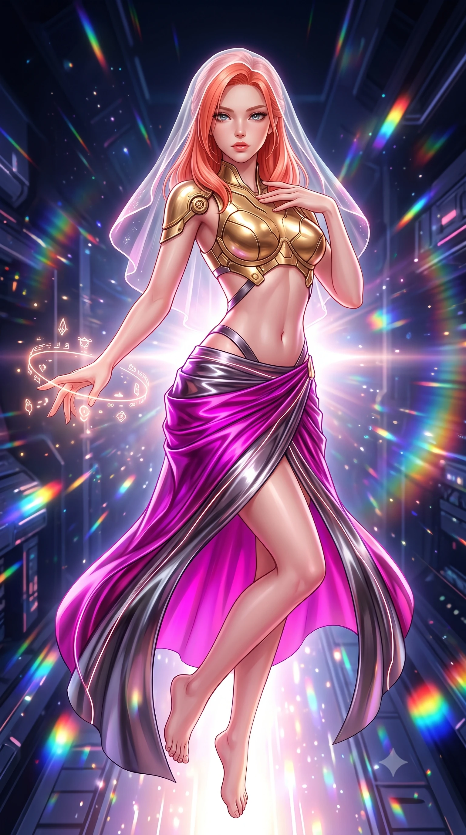 score_9, masterpiece, best quality, ultra-detailed, high-budget anime keyframe, semi-realistic 3D game render, editorial fashion photography, tasteful artistic composition, Japanese woman. close-up cowboy shot from the waist and thighs up, the character dominates the composition, filling the frame with her large presence. extending one arm gracefully as floating holographic glyphs and nano-crystals orbit her fingertips with sovereign power while resting one hand near her clavicle while floating gracefully with an omnipotent, celestial gaze looking into the lens. The surrounding environment is rendered in vivid detail and crisp panoramic clarity. transcendent chiaroscuro contrast between blinding particle light and deep space architecture in precision. She has an exceptionally elegant, slender, and willowy female figure with an ultra-slim waist, a gracefully sculpted slender torso, toned flat midriff, and a refined slim silhouette. sharp v-shaped jawline, high-bridge nose, intricate jewel-like eyes with depth, thick eyelashes, glossy lips with a natural sheen, flawlessly proportioned anatomical accuracy, strict slender model proportions, natural body alignment, perfectly sculpted long slender limbs, ultra-slim waistline, clean dynamic posture without body distortion. wearing an ethereal translucent cyber-veil paired with a sculpted golden mechanical cuirass and high-fashion draped silk skirt in vibrant electric magenta and ultra-reflective dark titanium, tailored from semi-translucent cybernetic vinyl with glowing micro-filaments, complemented by criss-cross back straps highlighting her completely bare spine, the form-contouring material adhering flawlessly to her sculpted flat midriff and slender torso, emphasizing her long leg lines and perfectly proportioned willowy build. bathed in brilliant white-hot warp core radiance and saturated rainbow particle prism refractions. rich saturated anime colors with glowing neon highlights, detailed shading with soft gradients, rich glossy textures, high-contrast stereoscopic depth, volumetric dynamic lighting, master piece, 9:16 ratio