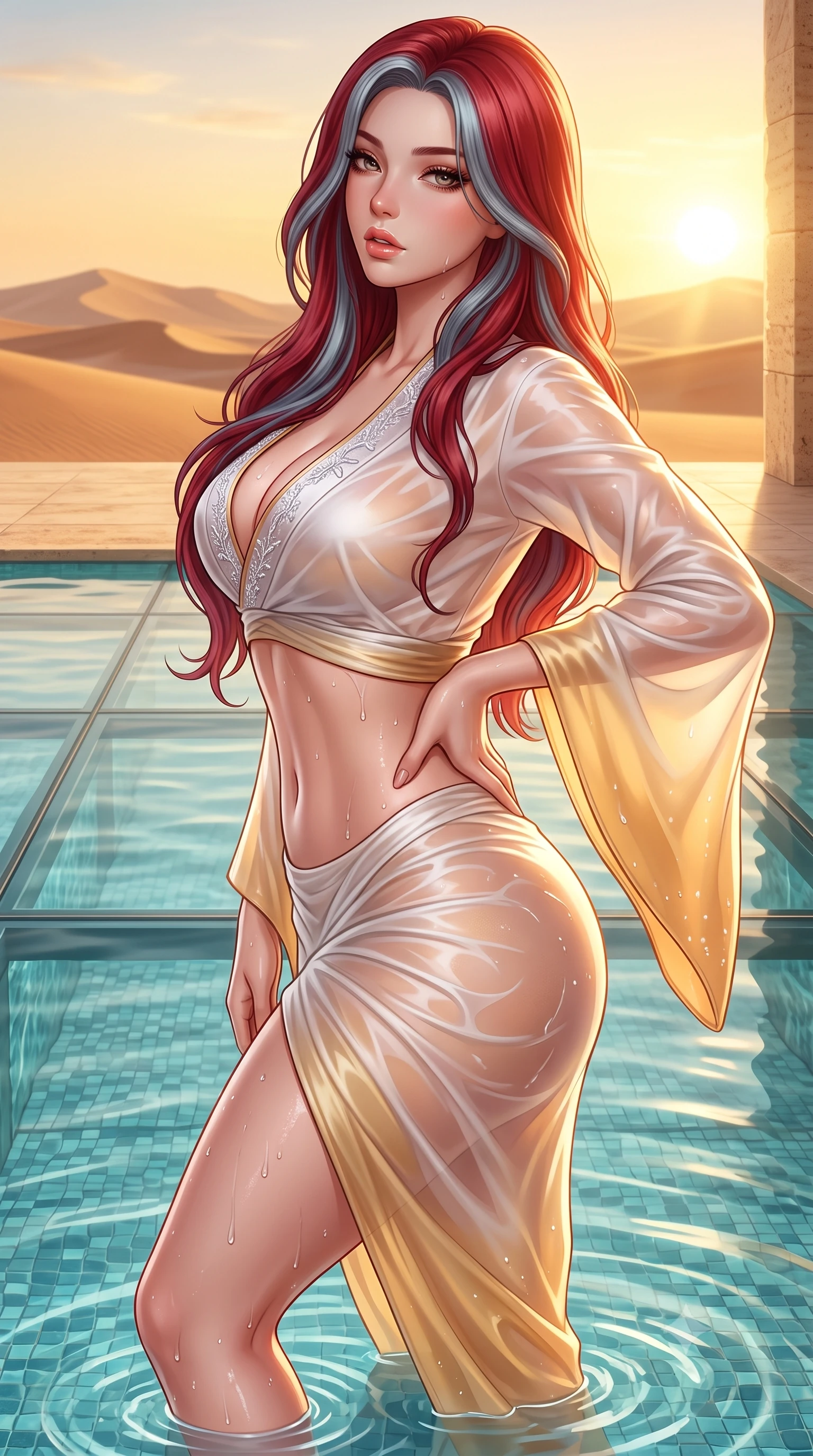 score_9, masterpiece, best quality, ultra-detailed, high-budget anime keyframe, semi-realistic 3D game render, editorial fashion photography, tasteful artistic composition, Caucasian woman. close-up cowboy shot from the waist and thighs up, the character dominates the composition, filling the frame with her large presence. posing in an alluring rear three-quarter angle, arching her lower back in a pronounced S-curve with one hand on her hip, glancing seductively over her bare shoulder with parted glossy lips while wading languidly through the crystal-clear mineral pool with hips cocked, water droplets beading along her flat midriff and long slender legs. The surrounding environment is rendered in vivid detail and crisp panoramic clarity. sharp glass bottom floor seams, submerged mosaic tile caustics, and distant desert dune ridges in deep focus. She has an exceptionally elegant, slender, and willowy female figure with an ultra-slim waist, flat toned midriff, narrow ribcage, and sculpted feminine hips creating an alluring, slim hourglass silhouette without bulk. sharp v-shaped jawline, high-bridge nose, intricate jewel-like eyes with depth, thick eyelashes, glossy parted lips with a natural sheen, intensely captivating and seductive bedroom-eyes expression, flawlessly proportioned anatomical accuracy, strict slender model proportions, natural body alignment, perfectly sculpted long slender limbs, ultra-slim waistline, clean dynamic posture without body distortion. wearing a delicate semi-translucent silk yukata that clings to her wet skin and curvy hip contours in pure alabaster white and sun-kissed gold, tailored from liquid silk jersey adhering flawlessly to her slender build, finished with delicate crystal frost embroidery tracing the plunging neckline, the liquid-tight tailored fabric clinging flawlessly to her narrow waist and rounded feminine hips, emphasizing every millimeter of her sculpted slim hourglass curves without any bulky heaviness. bathed in glorious golden hour Arabian sunset backlighting and warm travertine stone bounce fill. highly saturated vibrant anime colors, detailed shading with soft gradients, rich glossy textures, high-contrast stereoscopic depth, volumetric dynamic lighting, master piece, 9:16 ratio