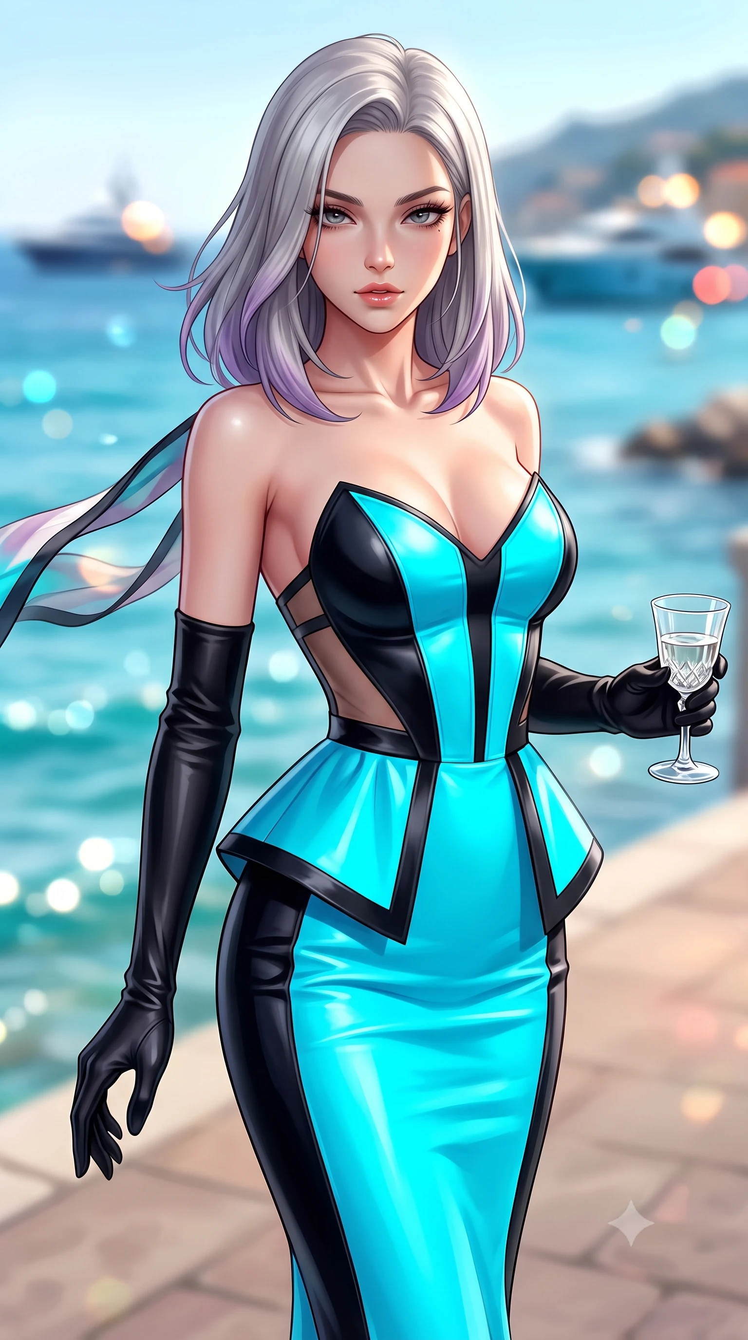 score_9, masterpiece, best quality, ultra-detailed, high-budget anime keyframe, semi-realistic 3D game render, editorial fashion photography, tasteful artistic composition, Caucasian woman. close-up cowboy shot from the waist and thighs up, the character dominates the composition, filling the frame with her large presence. leaning back with relaxed seductive grace, her sculpted collarbones and narrow waist highlighted as she casts smoldering bedroom-eyes directly into the camera while striding gracefully along the coastal corniche as sea winds flutter her open silk scarf, hips swaying in an alluring supermodel rhythm. The composition keeps background elements in soft focus with creamy bokeh. sparkling Mediterranean turquoise waves and distant luxury yachts blurred into molten azure, gold, and coral bokeh. She has an exceptionally elegant, slender, and willowy female figure with an ultra-slim waist, flat toned midriff, narrow ribcage, and sculpted feminine hips creating an alluring, slim hourglass silhouette without bulk. sharp v-shaped jawline, high-bridge nose, intricate jewel-like eyes with depth, thick eyelashes, glossy parted lips with a natural sheen, intensely captivating and seductive bedroom-eyes expression, flawlessly proportioned anatomical accuracy, strict slender model proportions, natural body alignment, perfectly sculpted long slender limbs, ultra-slim waistline, clean dynamic posture without body distortion. wearing a structural geometric peplum gown with sheer side-ribbon cutouts and form-fitting skirt in neon electric cyan and lacquer black, crafted from second-skin supple lambskin leather with liquid drape, accessorized with opera-length satin gloves and a vintage crystal glass, the liquid-tight tailored fabric clinging flawlessly to her narrow waist and rounded feminine hips, emphasizing every millimeter of her sculpted slim hourglass curves without any bulky heaviness. surrounded by a carefree, elite, and irresistibly magnetic Saint-Tropez heiress aura. highly saturated vibrant anime colors, detailed shading with soft gradients, rich glossy textures, high-contrast stereoscopic depth, volumetric dynamic lighting, master piece, 9:16 ratio