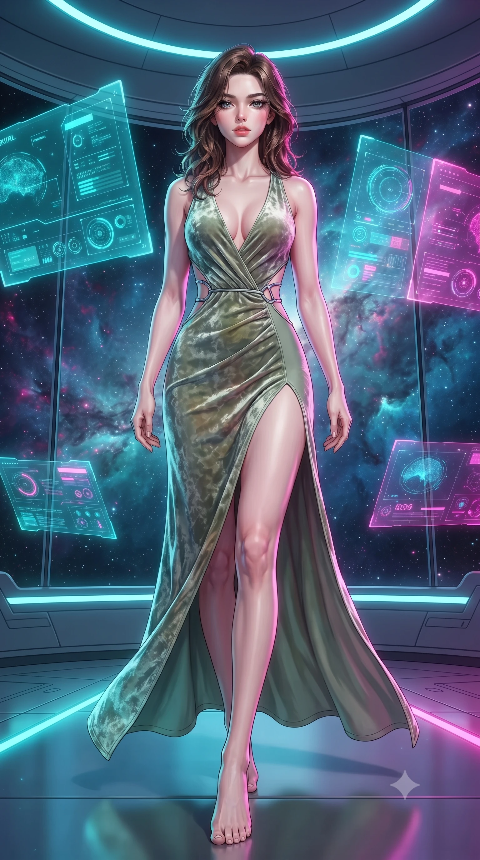 score_9, masterpiece, best quality, ultra-detailed, high-budget anime keyframe, editorial fashion photography, tasteful artistic composition, Korean woman. low angle full-body shot from head to toe showing her feet, filling the entire 9:16 vertical frame with her statuesque presence, stretching her vertical silhouette. stepping forward with proud posture, filling the vertical frame with her magnetic presence standing inside a high-tech observatory with panoramic glass views of a nebula, translucent cyan and magenta holographic panels hovering seamlessly. She has an absolutely perfect, statuesque 8.5-heads proportion, an exceptionally tall and slender model-like female figure with impossibly long slender legs and an ultra-slim waist. sharp v-shaped jawline, high-bridge nose, intricate jewel-like eyes with depth, thick eyelashes, glossy lips with a natural sheen. wearing a backless crushed velvet gown with a deep V-neckline and high thigh slit in sage green and oatmeal, formed from sleek second-skin neoprene, accented with delicate chrome ring hardware framing her waist, the elegant draped fit framing her graceful clavicle and slender torso. bathed in brilliant neon cyan and magenta rim light with clean white ambient glow. highly saturated vibrant anime colors, detailed shading with soft gradients, rich glossy textures, high-contrast stereoscopic depth, volumetric dynamic lighting, master piece, 9:16 ratio