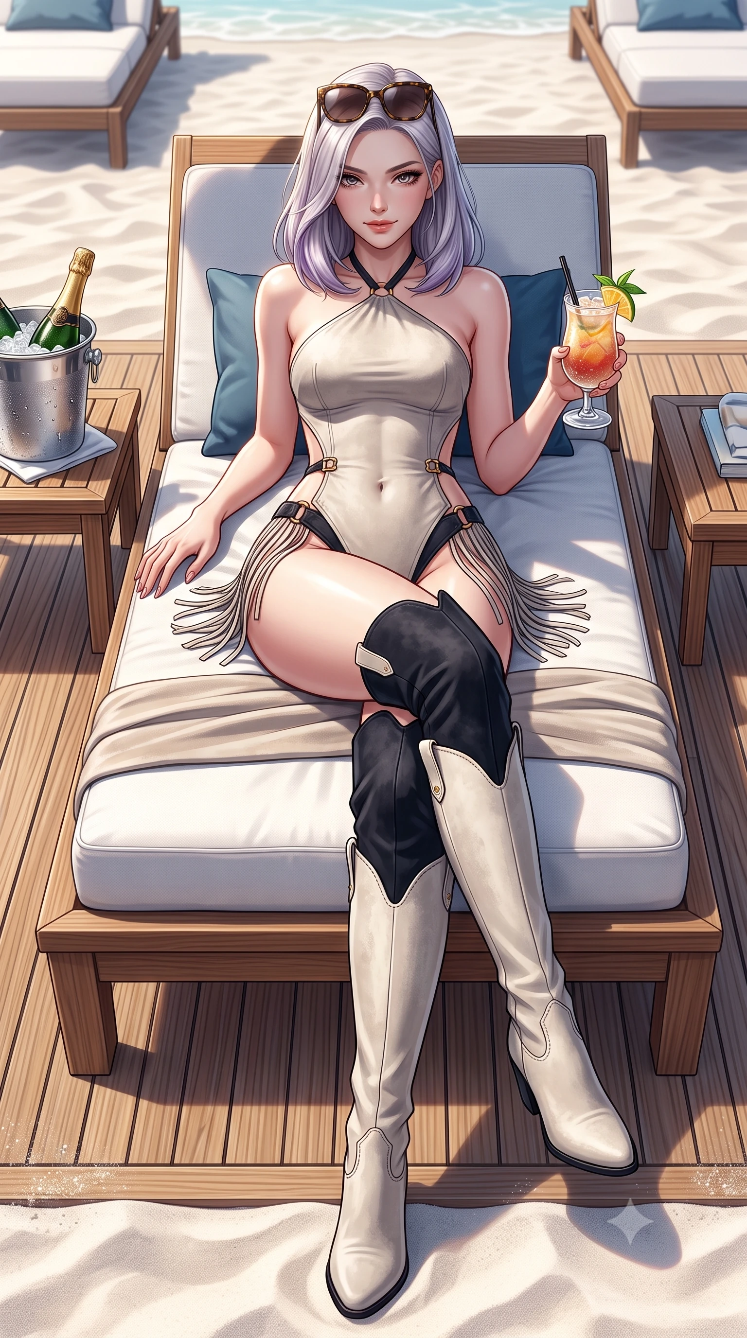 score_9, masterpiece, best quality, ultra-detailed, high-budget anime keyframe, semi-realistic 3D game render, editorial fashion photography, tasteful artistic composition, Caucasian woman. low angle full-body shot from head to toe showing her feet, filling the entire 9:16 vertical frame with her statuesque presence, stretching her vertical silhouette. lounging on the lavish daybed with legs crossed and hips angled toward the camera, displaying her toned midriff and long slender limbs with effortless siren poise while perched sideways on the daybed propped on one elbow, holding an iced cocktail with an intoxicating, smoldering bedroom-smile. The surrounding environment is rendered in vivid detail and crisp panoramic clarity: sharp teak boardwalk grain, fine white sand granules, and champagne bucket condensation droplets in deep focus. She has an absolutely perfect, statuesque 8.5-heads proportion, an exceptionally tall and slender model-like female figure with impossibly long slender legs, an ultra-slim waist, a flat toned midriff, narrow delicate ribcage, and beautifully sculpted feminine hips creating a graceful, slim hourglass silhouette without any bulky heaviness. sharp v-shaped jawline, high-bridge nose, sparkling eyes with hypnotic seductive depth, thick curled eyelashes, glossy parted lips with a natural dewy peach sheen, alluring bedroom-eyes with an enchanting coquettish smile, exuding magnetic siren charisma and sophisticated glamour, flawlessly proportioned anatomical accuracy, strict slender model proportions, natural body alignment, perfectly sculpted long slender limbs, ultra-slim waistline, clean dynamic posture without body distortion. wearing a slinky backless halterneck suede leotard with fringe accents along the side hips and thigh-high cowboy boots in high-contrast coastal monochrome with gold hardware, tailored from second-skin technical compression neoprene with athletic curve-sculpting stretch, complemented by oversized designer tortoiseshell sunglasses resting atop her head, the high-slit wrap tailoring accentuating her ultra-slim waistline and the enchanting curve of her feminine hips with alluring seductive charm. illuminated by sea water reflection fill and sharp platinum-gold rim lights sculpting her razor-sharp jawline, narrow waist, and curvy hips. highly saturated vibrant anime colors, detailed shading with soft gradients, rich glossy textures, high-contrast stereoscopic depth, volumetric dynamic lighting, master piece, 9:16 ratio