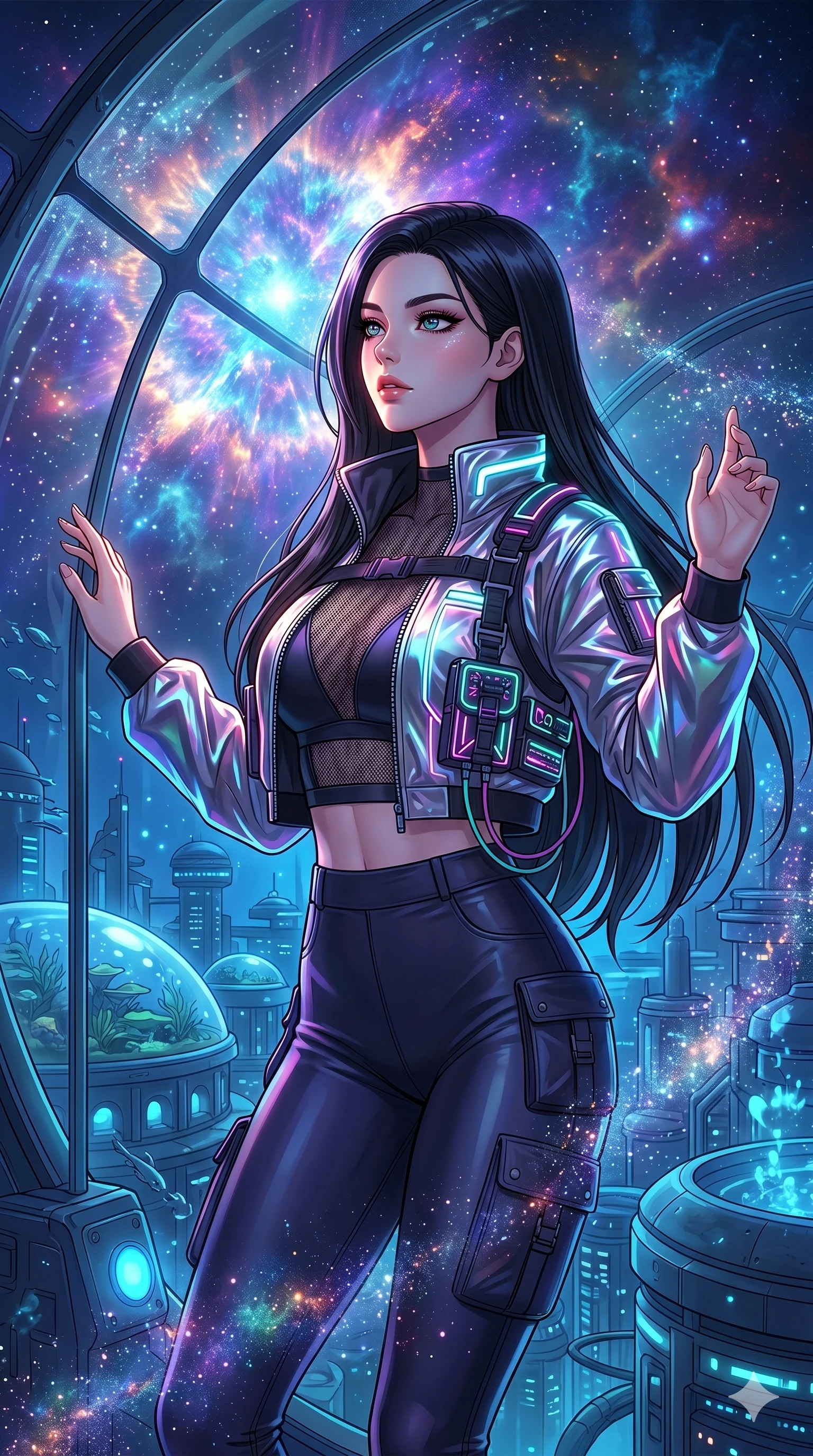 score_9, masterpiece, best quality, ultra-detailed, high-budget anime movie keyframe, cinematic anime lighting, intricate line art, Caucasian (strictly human ears) woman. Upper body filling screen focusing on her alluring features and slim-fit silhouette. observing a supernova in a underwater city dome in a mist of stardust. She has an absolutely perfect 8-heads proportion, an exceptionally tall and slender female figure with an ultra-slim waist and impossibly long slender legs. sharp v-shaped jawline, high-bridge nose, intricate jewel-like eyes, thick eyelashes, glossy lips. Wearing modern urban tech-wear ensemble with a cropped reflective bomber jacket, ultra-slim high-waisted cargo leggings, and tactical harness with neon-lit pouches. The scene is illuminated by dramatic atmospheric lighting and vibrant color palettes. , 2k, ultra detail, master piece, 9:16 ratio