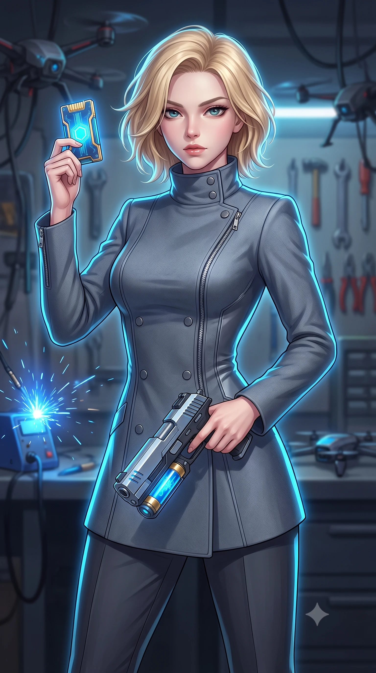 score_9, masterpiece, best quality, ultra-detailed, high-budget anime keyframe, editorial fashion photography, tasteful artistic composition, Caucasian woman, strictly human ears. close-up cowboy shot from the waist and thighs up, the character dominates the composition, filling the frame with her large presence, background elements kept in soft focus. Holding a glowing data drive aloft while reloading a futuristic plasma pistol, ready for the next wave. set against a soft-focus background of a secret hideout where stolen security drones are rewired, tools hanging from walls, and blue sparks flying from solder stations. She has an exceptionally elegant and slender, willowy female figure with an ultra-slim waist, a gracefully sculpted slender torso, and a refined slim physique. sharp v-shaped jawline, high-bridge nose, intricate jewel-like eyes with depth, thick eyelashes, glossy lips with a natural sheen. wearing tailored for maximum mobility, sleek form-contouring panels that allow fluid movement, a form-contouring futuristic high-neck double-breasted coat in slate grey wool, featuring asymmetric silver zip closures and charcoal slacks. highly saturated vibrant anime colors, intense vivid color palette, soft 3D volumetric shading, volumetric dynamic lighting, brilliant cinematic volumetric lighting with intense neon rim light outlining her form. 2k, ultra detail, master piece, 9:16 ratio