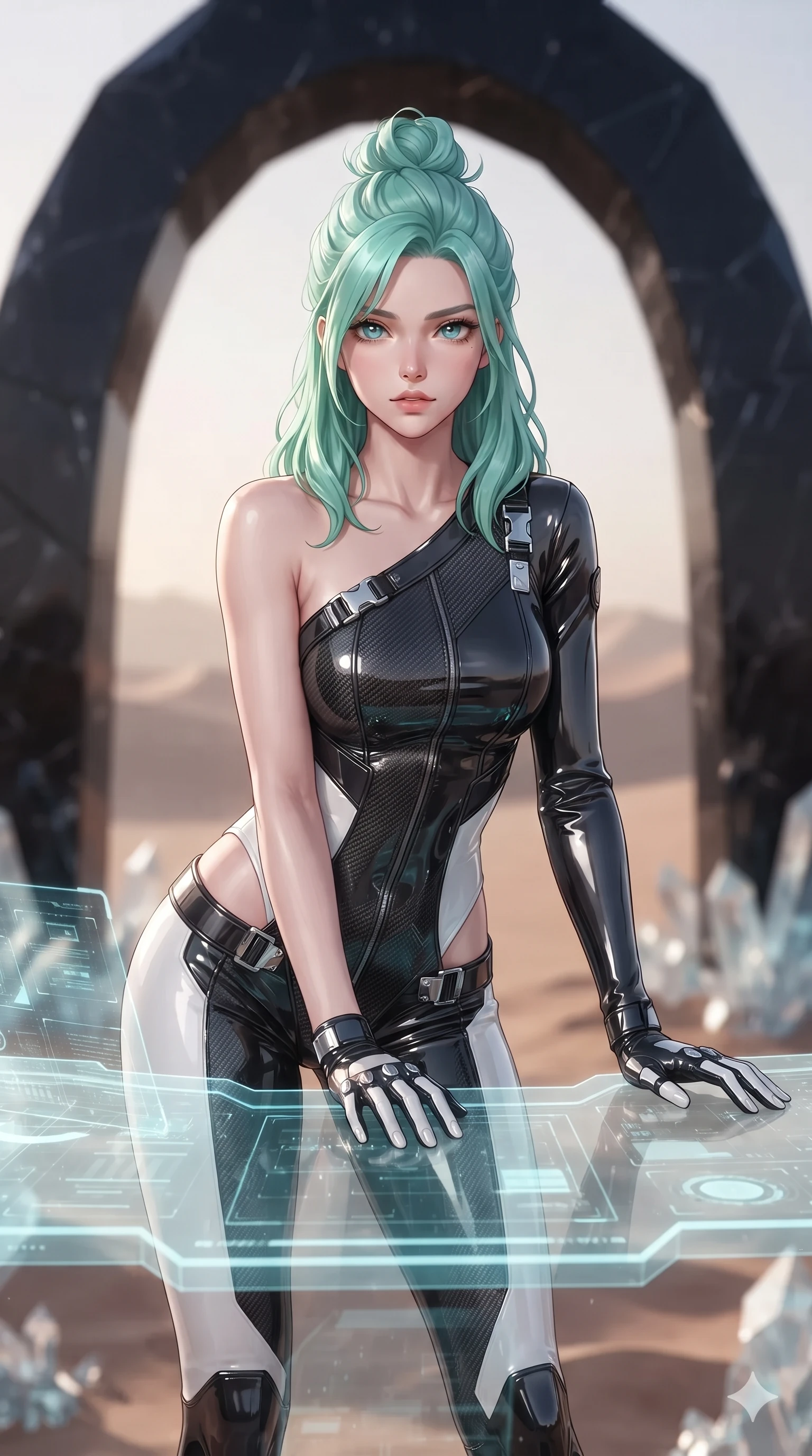 score_9, masterpiece, best quality, ultra-detailed, high-budget anime keyframe, editorial fashion photography, tasteful artistic composition, Japanese woman. close-up cowboy shot from the waist and thighs up, the character dominates the composition, filling the frame with her large presence. leaning forward over the holographic console while arching her lower back to accentuate her curvy hips, looking into the camera with an intoxicating smoldering bedroom-gaze while standing poised at the edge of the crystalline promontory beneath a massive obsidian archway, arching her lower back with sovereign supermodel grace. The background shows a soft-focus faint evening desert haze softened in crystalline dunes sanctuary shallow focus. She has an exceptionally elegant, slender, and willowy female figure with an ultra-slim waist, flat toned midriff, narrow ribcage, and sculpted feminine hips creating an alluring, slim hourglass silhouette without bulk. sharp v-shaped jawline, high-bridge nose, intricate jewel-like sparkling eyes with depth, thick eyelashes, glossy parted lips with a natural sheen, bright confident smile with an enchanting and coquettish sensual glint, exuding both youthful magnetic charm and sovereign high-tech allure, flawlessly proportioned anatomical accuracy, strict slender model proportions, natural body alignment, perfectly sculpted long slender limbs, ultra-slim waistline, clean dynamic posture without body distortion. wearing an asymmetric one-shoulder combat catsuit with carbon-weave paneling and an open-waist architecture emphasizing her hips in dual-tone high-contrast monochrome black and stark white, tailored from ultra-reflective glossy liquid vinyl with mirror-like specular highlights, finished with polished chrome buckle hardware and modular magnetic holster clasps, the liquid-tight tailored fabric clinging flawlessly to her narrow waist and rounded feminine hips, emphasizing every millimeter of her sculpted slim hourglass curves without any bulky heaviness. illuminated by glass dune reflection bounce and sharp diamond-silver rim lights defining her razor-sharp jawline, narrow waist, and curvy hips. ultra-reflective glossy finish, specular highlights, rich textural contrasts, high-contrast stereoscopic depth, volumetric dynamic lighting, 2k, ultra detail, master piece, 9:16 ratio