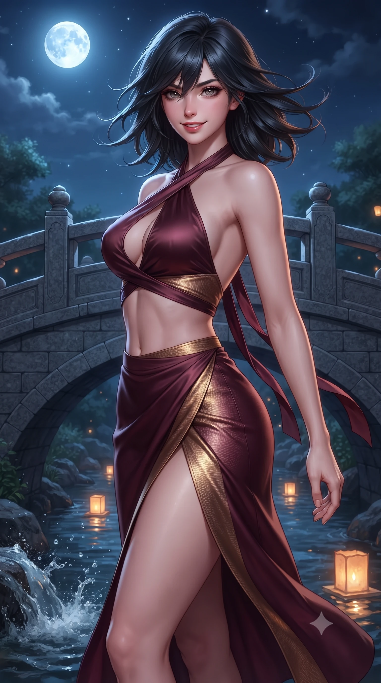 score_9, masterpiece, best quality, ultra-detailed, high-budget anime keyframe, editorial fashion photography, tasteful artistic composition, Caucasian woman. close-up cowboy shot from the waist and thighs up, the character dominates the composition, filling the frame with her large presence. turning slowly with an enchanting smoldering smile, her glossy hair tossing in the breeze as her hips angle gracefully in a captivating contrapposto while standing poised on the arched granite bridge above the bubbling stream, arching her back with breathless fairy-tale allure. The surrounding environment is rendered in vivid detail and crisp panoramic clarity: detailed sheer silk garment weave, sparkling eyes with athletic depth, and classic bridge relief in razor-sharp precision. She has an exceptionally elegant, slender, and willowy female figure with an ultra-slim waist, flat toned midriff, narrow ribcage, and sculpted feminine hips creating an alluring, slim hourglass silhouette without bulk. sharp v-shaped jawline, high-bridge nose, sparkling eyes with hypnotic seductive depth, thick curled eyelashes, glossy parted lips with a natural dewy peach sheen, alluring bedroom-eyes with an enchanting coquettish smile, exuding magnetic siren charisma and sophisticated glamour, flawlessly proportioned anatomical accuracy, strict slender model proportions, natural body alignment, perfectly sculpted long slender limbs, ultra-slim waistline, clean dynamic posture without body distortion. wearing a high-waisted silk wrap sarong skirt with a hip-high slit paired with a plunging criss-cross satin halter top in smoky bordeaux wine and gilded bronze, woven from buttery-soft stretch lambskin leather adhering to her body like a second skin, finished with long silk ribbon ties fluttering down her bare spine from a backless halter, the second-skin tailored fabric adhering flawlessly to her sculpted flat midriff and slender torso, emphasizing her long leg lines and perfectly proportioned willowy build. bathed in radiant celestial moonlight combined with floating candle lantern glows from the stream. ultra-reflective glossy finish, specular highlights, rich textural contrasts, high-contrast stereoscopic depth, volumetric dynamic lighting, 2k, ultra detail, master piece, 9:16 ratio