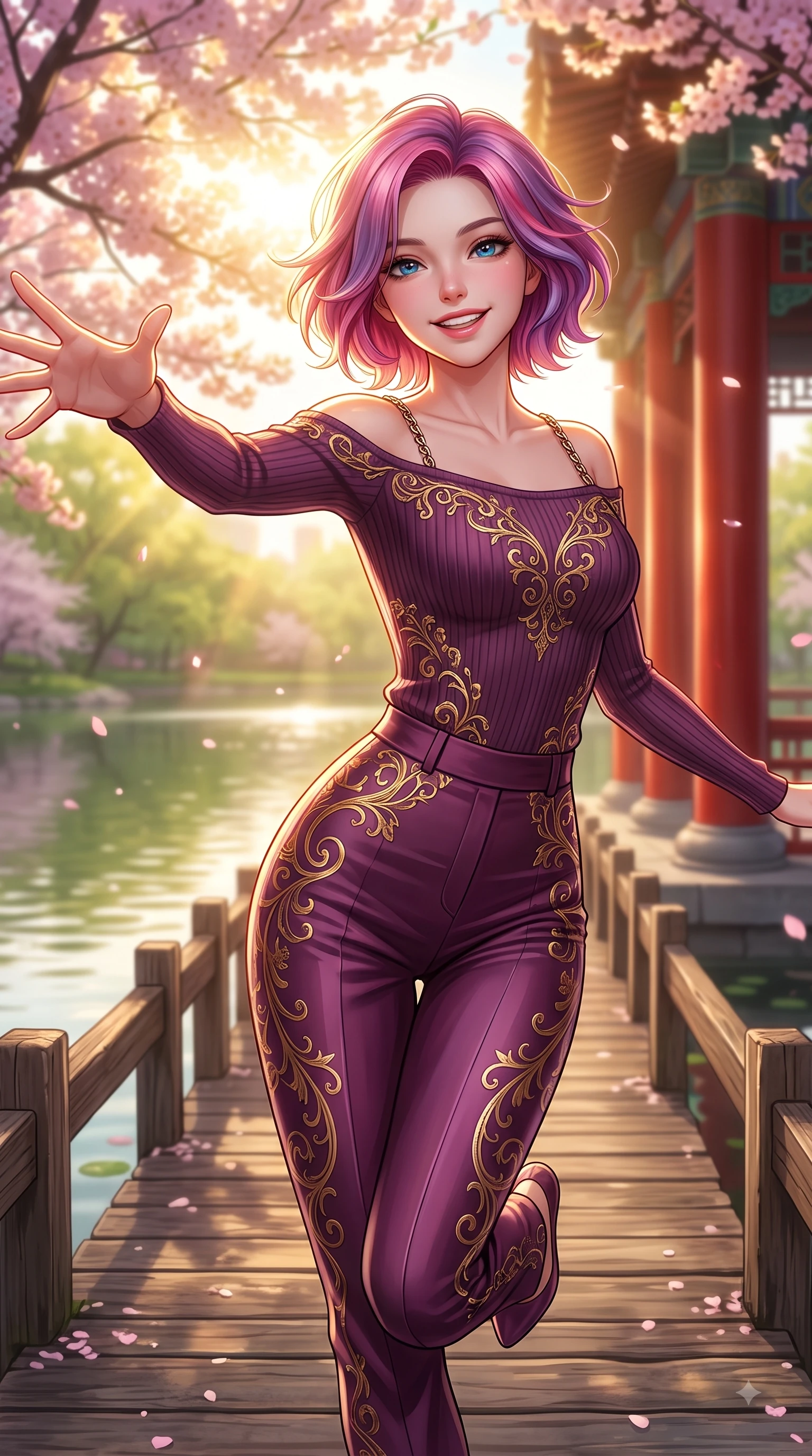 score_9, masterpiece, best quality, ultra-detailed, high-budget anime keyframe, editorial fashion photography, tasteful artistic composition, Caucasian woman. close-up cowboy shot from the waist and thighs up, the character dominates the composition, filling the frame with her large presence, background elements kept in soft focus. Enchanting happy smile, her eyes twinkling like jewels in the bright sunlight as one arm reaches out playfully while leaping with a beaming happy smile along a wooden lakeside boardwalk lined with sakura trees, red vermilion pavilion columns contrasting vividly with green spring foliage. She has an exceptionally elegant, slender, and willowy female figure with an ultra-slim waist, a gracefully sculpted slender torso, and a refined silhouette. sharp v-shaped jawline, high-bridge nose, intricate jewel-like eyes with depth, thick eyelashes, glossy lips with a natural sheen, flawlessly proportioned anatomical accuracy, natural body alignment, perfectly sculpted elegant limbs, clean dynamic posture without body distortion. wearing a sleek off-shoulder ribbed knit top paired with high-waist tailored pants in plum purple and gold filigree, crafted from smooth liquid silk, adorned with delicate metallic chain straps along the neckline, the glove-like fit emphasizing her statuesque silhouette during motion. bathed in bright morning sunbeams and warm golden sakura backlighting. highly saturated vibrant anime colors, detailed shading with soft gradients, rich glossy textures, high-contrast stereoscopic depth, volumetric dynamic lighting, master piece, 9:16 ratio