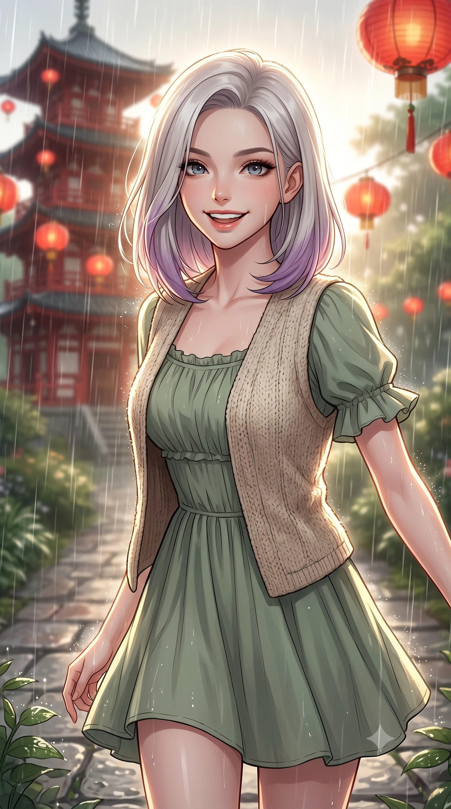 score_9, masterpiece, best quality, ultra-detailed, high-budget anime keyframe, editorial fashion photography, tasteful artistic composition, Caucasian woman, strictly human ears. close-up cowboy shot from the waist and thighs up, the character dominates the composition, filling the frame with her large presence, background elements kept in soft focus. Casting a bright, energetic glance toward the camera with a cheerful grin. set against a soft-focus background of on a stone path of a garden during a heavy warm summer rain shower, looking at a tall red wooden pagoda with floating red paper lanterns. She has an exceptionally elegant, slender, and willowy female figure with a highly-defined ultra-slim waist, a gracefully sculpted slender torso, and a refined slim-fit silhouette that contours her form. sharp v-shaped jawline, high-bridge nose, intricate jewel-like eyes with depth, thick eyelashes, glossy lips with a natural sheen. wearing a bohemian peasant-style cotton dress in sage green, layered with a cozy oatmeal wool-blend vest. dramatic backlight creating a radiant halo effect around her entire silhouette. 2k, ultra detail, master piece, 9:16 ratio