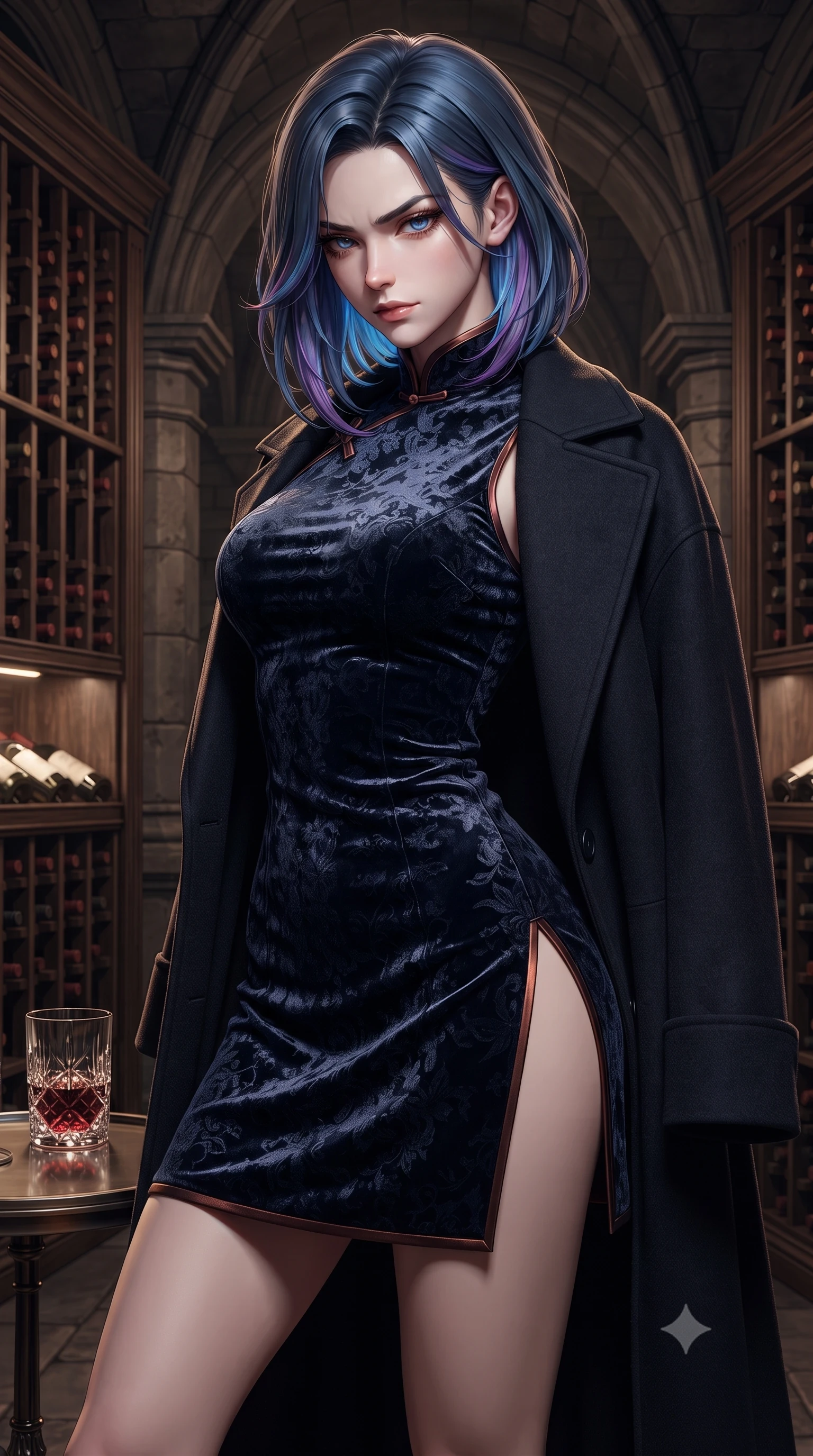 score_9, masterpiece, best quality, ultra-detailed, high-budget anime keyframe, editorial fashion photography, tasteful artistic composition, Caucasian woman. close-up cowboy shot from the waist and thighs up, the character dominates the composition, filling the frame with her large presence. glancing down over lowered lashes before meeting the camera with quiet, devastating intensity, her tailored outfit tracing her ultra-slim waist and hips while standing poised between floor-to-ceiling vintage oak wine racks, twisting her slender torso in an alluring contrapposto stance with a dangerous half-smile. The surrounding environment is rendered in vivid detail and crisp panoramic clarity. detailed fabric texture, crystal tumbler reflections, and gothic cellar vault architecture in high resolution. She has an exceptionally elegant, slender, and willowy female figure with an ultra-slim waist, flat toned midriff, narrow ribcage, and sculpted feminine hips creating an alluring, slim hourglass silhouette without bulk. sharp v-shaped jawline, high-bridge nose, intricate jewel-like dark sparkling eyes with dangerous depth, thick curled eyelashes, glossy parted lips with a rich wine sheen, smoldering seductive half-smile with bedroom-eyes, exuding effortless superiority and intoxicating dark allure, flawlessly proportioned anatomical accuracy, strict slender model proportions, natural body alignment, perfectly sculpted long slender limbs, ultra-slim waistline, clean dynamic posture without body distortion. wearing a modern tailored cheongsam mini dress in midnight navy jacquard silk with dramatic side hip slits in dark burnt copper and matte black, tailored from crushed dark velvet with deep light-absorbing plush texture, complemented by an oversized dark cashmere coat draped casually over one shoulder, the high-waisted tailoring accentuating her ultra-slim waistline and the enchanting curve of her feminine hips with alluring dark charm. illuminated by focused amber key light and dark bronze rim light carving her razor-sharp jawline, narrow waist, and curvy hips. ultra-reflective glossy finish, specular highlights, rich textural contrasts, high-contrast stereoscopic depth, volumetric dynamic lighting, 2k, ultra detail, master piece, 9:16 ratio