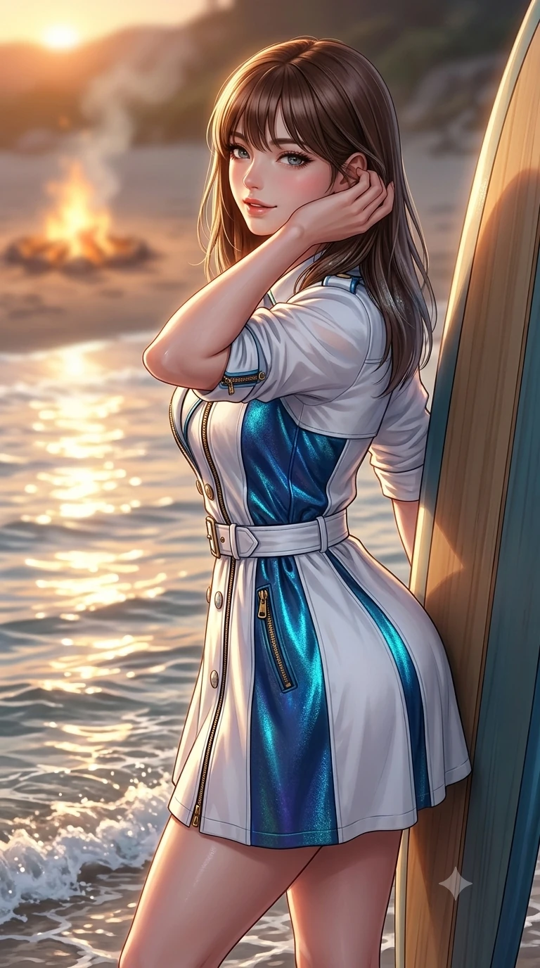 score_9, masterpiece, best quality, ultra-detailed, high-budget anime keyframe, semi-realistic 3D game render, editorial fashion photography, tasteful artistic composition, Korean woman. close-up cowboy shot from the waist and thighs up, the character dominates the composition, filling the frame with her large presence. gently brushing a lock of salt-kissed hair behind her ear while casting a playful, flirtatious side-gaze with long eyelashes while leaning against the standing surfboard with hips cocked back, looking back over a bare shoulder with an alluring, parted-lip smile as waves wash past. The background shows a soft-focus beach bonfire smoke in the distance softened in bohemian sunset shallow focus. She has an exceptionally elegant, slender, and willowy female figure with an ultra-slim waist, flat toned midriff, narrow ribcage, and sculpted feminine hips creating an alluring, slim hourglass silhouette without bulk. sharp v-shaped jawline, high-bridge nose, sparkling eyes with hypnotic seductive depth, thick curled eyelashes, glossy parted lips with a natural dewy peach sheen, alluring bedroom-eyes with an enchanting coquettish smile, exuding magnetic siren charisma and sophisticated glamour, flawlessly proportioned anatomical accuracy, strict slender model proportions, natural body alignment, perfectly sculpted long slender limbs, ultra-slim waistline, clean dynamic posture without body distortion. wearing a tailored white cotton poplin resort trench dress with structured waist belt and mother-of-pearl buttons in deep Capri grotto sapphire and glowing electric teal, crafted from luxurious metallic lamé that shifts radiance with every step, finished with sleek heavy-duty brass anchor zip pulls and nautical hardware, the bespoke structured tailoring following the natural line of her 8.5-heads silhouette with refined elegance. bathed in molten golden hour sunset light washing horizontally across the ocean surface with blinding specular highlights. highly saturated vibrant anime colors, detailed shading with soft gradients, rich glossy textures, high-contrast stereoscopic depth, volumetric dynamic lighting, master piece, 9:16 ratio