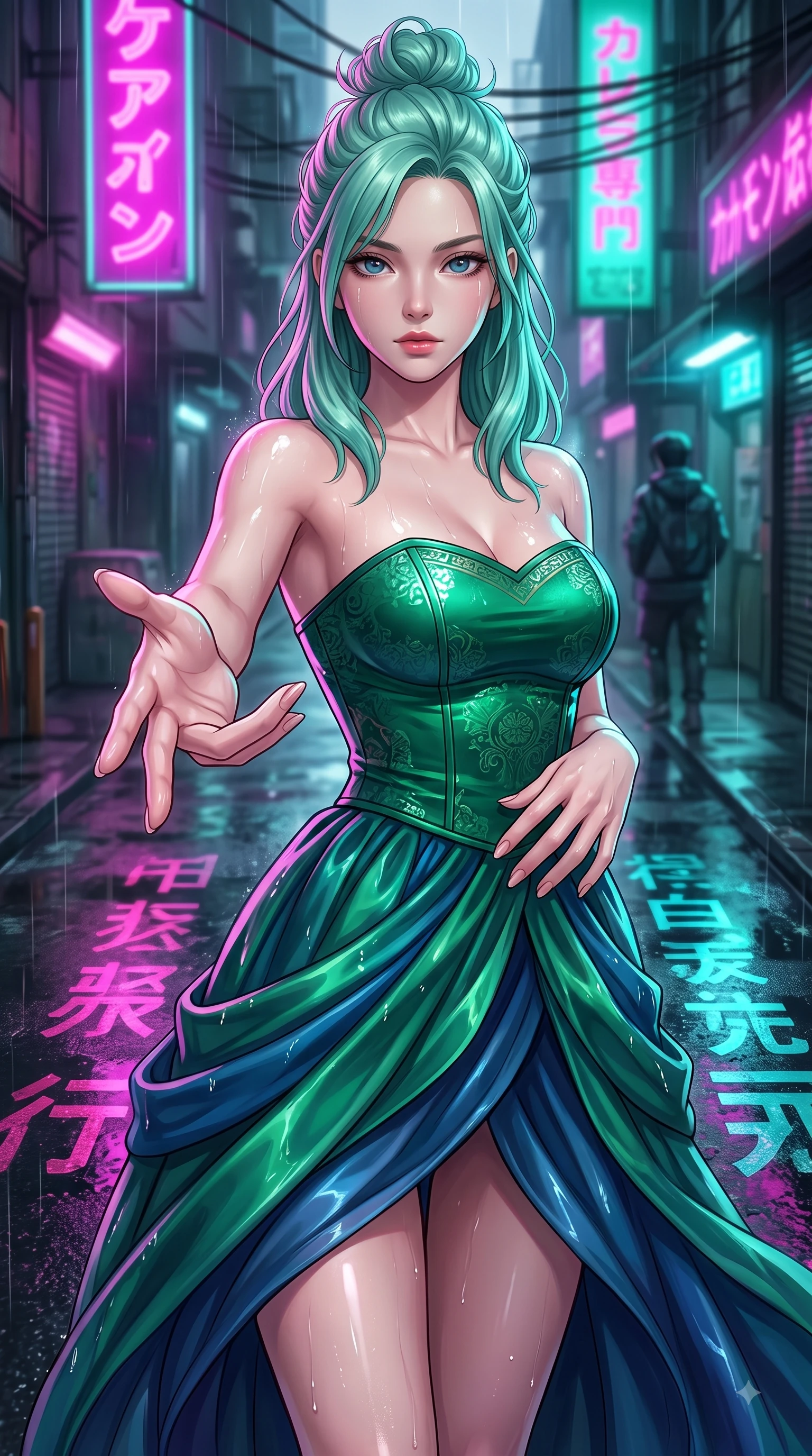 score_9, masterpiece, best quality, ultra-detailed, high-budget anime keyframe, editorial fashion photography, tasteful artistic composition, Japanese woman woman. close-up cowboy shot from the waist and thighs up, the character dominates the composition, filling the frame with her large presence, background elements kept in soft focus. She has an exceptionally elegant, slender, and willowy female figure with an ultra-slim waist, a gracefully sculpted slender torso, and a refined silhouette. reaching one hand toward the viewer with relaxed elegance, her gaze holding quiet authority, flawlessly proportioned anatomical accuracy, natural body alignment, perfectly sculpted elegant limbs, clean dynamic posture without body distortion. set against a soft-focus background of a cyberpunk alley with wet asphalt reflecting rain. wearing a modern fusion silk hanbok dress with a structured emerald bodice and flowing layered skirt. drenched in wet neon reflections of magenta and turquoise casting glossy specular highlights. highly saturated vibrant anime colors, detailed shading with soft gradients, rich glossy textures, high-contrast stereoscopic depth, volumetric dynamic lighting, master piece, 9:16 ratio