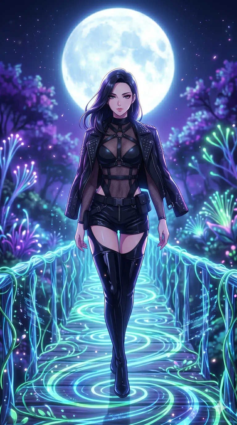 score_9, masterpiece, best quality, ultra-detailed, High-budget Anime Keyframe, vibrant colors, fluid line-art, expressive lighting, cinematic composition, Ufotable-style visual effects, top-tier animation quality, Japanese woman with delicate and elegant anime-inspired features. Upper body close-up from the thighs up, character filling the screen for maximum presence. Walking across a bridge made of woven light and digital vines. She has an absolutely perfect 8-heads proportion, an exceptionally tall and slender female figure with impossibly long slender legs and an ultra-slim waist, her statuesque height and towering silhouette dominating the vertical 9:16 frame. Her face is a masterpiece featuring a sharp v-shaped jawline, high-bridge nose, intricate jewel-like eyes with depth, thick eyelashes, and glossy lips with a natural sheen. She is wearing a Leather harness over a mesh bodysuit with zip-up micro-shorts and tactical belts, studded biker jacket draped over shoulders, and thigh-high patent leather boots, featuring strategic side cut-outs.. The scene is set in a mystical grove under a giant glowing moon that illuminates the fiber-optic flora. 2k, ultra detail, master piece, 9:16 ratio