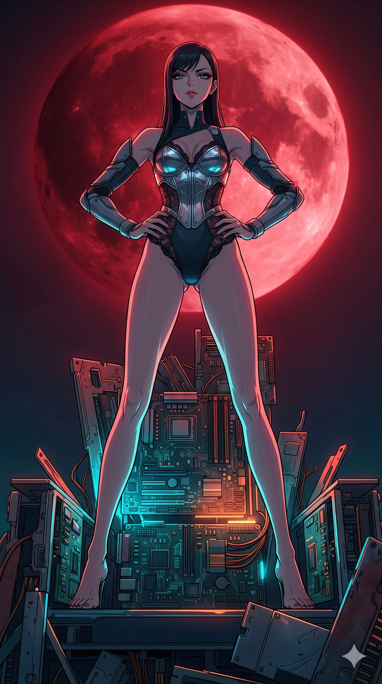 score_9, masterpiece, best quality, ultra-detailed, high-budget anime movie keyframe, cinematic anime lighting, intricate line art, Japanese anime girl. Dynamic full-body shot stretching the vertical silhouette with extreme perspective. standing victorious on a throne of logic-boards under a blood moon. She has an absolutely perfect 8-heads proportion, an exceptionally tall and slender female figure with an ultra-slim waist and impossibly long slender legs. strictly human anatomy, two legs only, no extra limbs, clearly defined legs and arms, perfect anatomy, perfect hands and fingers. sharp v-shaped jawline, high-bridge nose, intricate jewel-like eyes, thick eyelashes, glossy lips. Wearing Cyber-Tech Legacy: Asymmetrical high-cut tech-bodysuit with detached sleeves and chrome-plated corset over sheer lace. The scene is illuminated by dramatic atmospheric lighting and vibrant color palettes. , 2k, ultra detail, master piece, 9:16 ratio