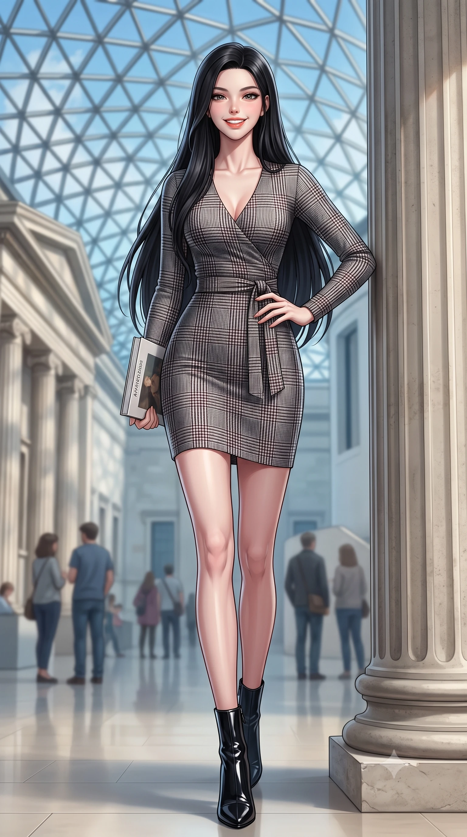 score_9, masterpiece, best quality, ultra-detailed, high-budget anime keyframe, semi-realistic 3D game render, editorial fashion photography, tasteful artistic composition, Korean woman. low angle full-body shot from head to toe showing her feet, filling the entire 9:16 vertical frame with her statuesque presence, stretching her vertical silhouette. walking briskly with tall supermodel strides, one hand placed on her narrow hip, her impossibly long slender legs commanding the frame while leaning lightly against the fluted Portland stone Corinthian column, one hand holding an exhibition catalog with refined poise. The background shows a soft-focus triangular glass roof lattice patterns against blue autumn sky, neoclassical colonnades, and museum visitors blurred into alabaster, sky blue, and dove grey bokeh. She has an exceptionally tall and slender model-like 8.5-heads proportion, an ultra-slim waist, a flat toned midriff, narrow delicate ribcage, and beautifully sculpted feminine hips creating a graceful, slim hourglass silhouette without any bulky heaviness, with impossibly long slender legs. sharp v-shaped jawline, high-bridge nose, intricate jewel-like sparkling eyes with depth, thick eyelashes, glossy parted lips with a natural peach sheen, bright cheerful beaming smile with an enchanting and coquettish sensual glint, exuding both youthful cute charm and seductive allure, flawlessly proportioned anatomical accuracy, strict slender model proportions, natural body alignment, perfectly sculpted long slender limbs, ultra-slim waistline, clean dynamic posture without body distortion. wearing a form-fitting ribbed silk-cashmere wrap dress with a cinched sash belt framing her feminine hourglass proportions in classic glen plaid monochrome with subtle wine red accent, tailored from form-contouring ribbed merino wool hugging her torso like a second skin, complemented by sleek patent leather stiletto ankle boots accentuating her long slender calves, the second-skin tailored fabric adhering flawlessly to her sculpted flat midriff and slender torso, emphasizing her long leg lines and perfectly proportioned willowy build. illuminated by pale stone reflection bounce and sharp platinum rim lights sculpting her jawline, narrow waist, and statuesque proportions. highly saturated vibrant anime colors, detailed shading with soft gradients, rich glossy textures, high-contrast stereoscopic depth, volumetric dynamic lighting, master piece, 9:16 ratio