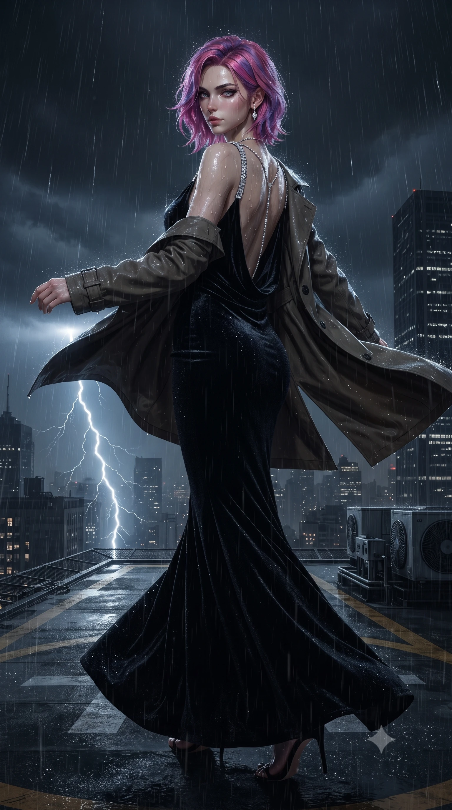 score_9, masterpiece, best quality, ultra-detailed, high-budget anime keyframe, editorial fashion photography, tasteful artistic composition, Caucasian woman. low angle full-body shot from head to toe showing her feet, filling the entire 9:16 vertical frame with her statuesque presence, stretching her vertical silhouette. executing an elegant mid-motion spin with effortless grace, her garments fluttering softly around her ultra-slim waistline while infiltrating a torrential midnight rooftop helipad 80 stories high as lightning flashes illuminate her wet tactical trench coat. The surrounding environment is rendered in vivid detail and crisp panoramic clarity. intense neo-noir chiaroscuro and atmospheric rain-soaked metropolis action aesthetics rendered with precision. She has an absolutely perfect, statuesque 8.5-heads proportion, an exceptionally tall and slender model-like female figure with impossibly long slender legs, a toned flat midriff, and an ultra-slim waist. sharp v-shaped jawline, high-bridge nose, intricate jewel-like eyes with depth, thick eyelashes, glossy lips with a natural sheen, captivating and magnetic expression, flawlessly proportioned anatomical accuracy, strict slender model proportions, natural body alignment, perfectly sculpted long slender limbs, ultra-slim waistline, clean dynamic posture without body distortion. wearing an opulent backless black velvet evening gown with a plunging cowl back and diamond-encrusted shoulder straps in midnight black and liquid gold, crafted from heavyweight crushed silk velvet with liquid luster, accented with a glittering diamond back chain tracing her bare spine, the form-contouring material adhering flawlessly to her sculpted flat midriff and slender torso, emphasizing her long leg lines and perfectly proportioned willowy build. illuminated by wet specular highlights tracing her sculpted flat midriff, waistline, and long legs. ultra-reflective glossy finish, specular highlights, rich textural contrasts, high-contrast stereoscopic depth, volumetric dynamic lighting, 2k, ultra detail, master piece, 9:16 ratio