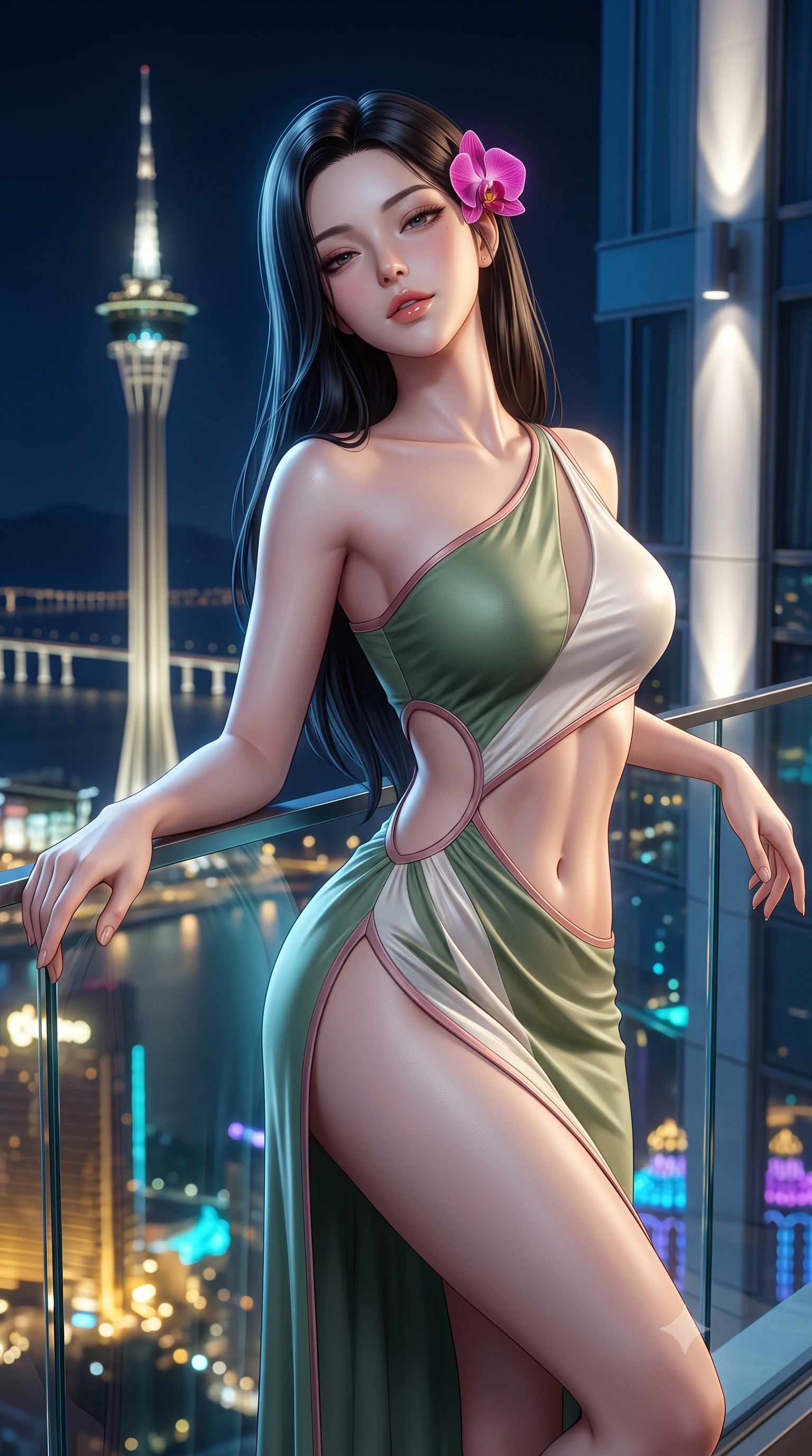 score_9, masterpiece, best quality, ultra-detailed, high-budget anime keyframe, semi-realistic 3D game render, editorial fashion photography, tasteful artistic composition, Korean woman. close-up cowboy shot from the waist and thighs up, the character dominates the composition, filling the frame with her large presence. leaning back against the balustrade with relaxed seductive grace, head tilted back slightly while casting a hypnotic, heavy-lidded gaze while standing poised on the transparent glass balcony suspended sixty stories in the air, arching her back with breathless supermodel daring. The background shows a soft-focus the iconic glowing Macau Tower spire, sea bridges spanning the dark delta, and glittering casino skylines blurred into gold, cyan, and violet bokeh. She has an exceptionally elegant, slender, and willowy female figure with an ultra-slim waist, flat toned midriff, narrow ribcage, and sculpted feminine hips creating an alluring, slim hourglass silhouette without bulk. sharp v-shaped jawline, high-bridge nose, sparkling eyes with hypnotic seductive depth, thick curled eyelashes, glossy parted lips with a natural dewy peach sheen, alluring bedroom-eyes with an enchanting coquettish smile, exuding magnetic siren charisma and sophisticated glamour, flawlessly proportioned anatomical accuracy, strict slender model proportions, natural body alignment, perfectly sculpted long slender limbs, ultra-slim waistline, clean dynamic posture without body distortion. wearing an asymmetric one-shoulder liquid jersey nymph dress with dramatic hip-high slit and waist cutout in botanical sage green and pure pearlescent ivory with rose trims, made of semi-opaque stretch illusion mesh with soft shadowy contours, accented with a fresh-bloomed exotic magenta orchid tucked gracefully into her dark glossy hair, the high-slit wrap tailoring accentuating her ultra-slim waistline and the enchanting curve of her feminine hips with alluring seductive charm. bathed in exterior architectural facade floodlights combined with cool midnight delta breeze ambient fill. highly saturated vibrant anime colors, detailed shading with soft gradients, rich glossy textures, high-contrast stereoscopic depth, volumetric dynamic lighting, master piece, 9:16 ratio