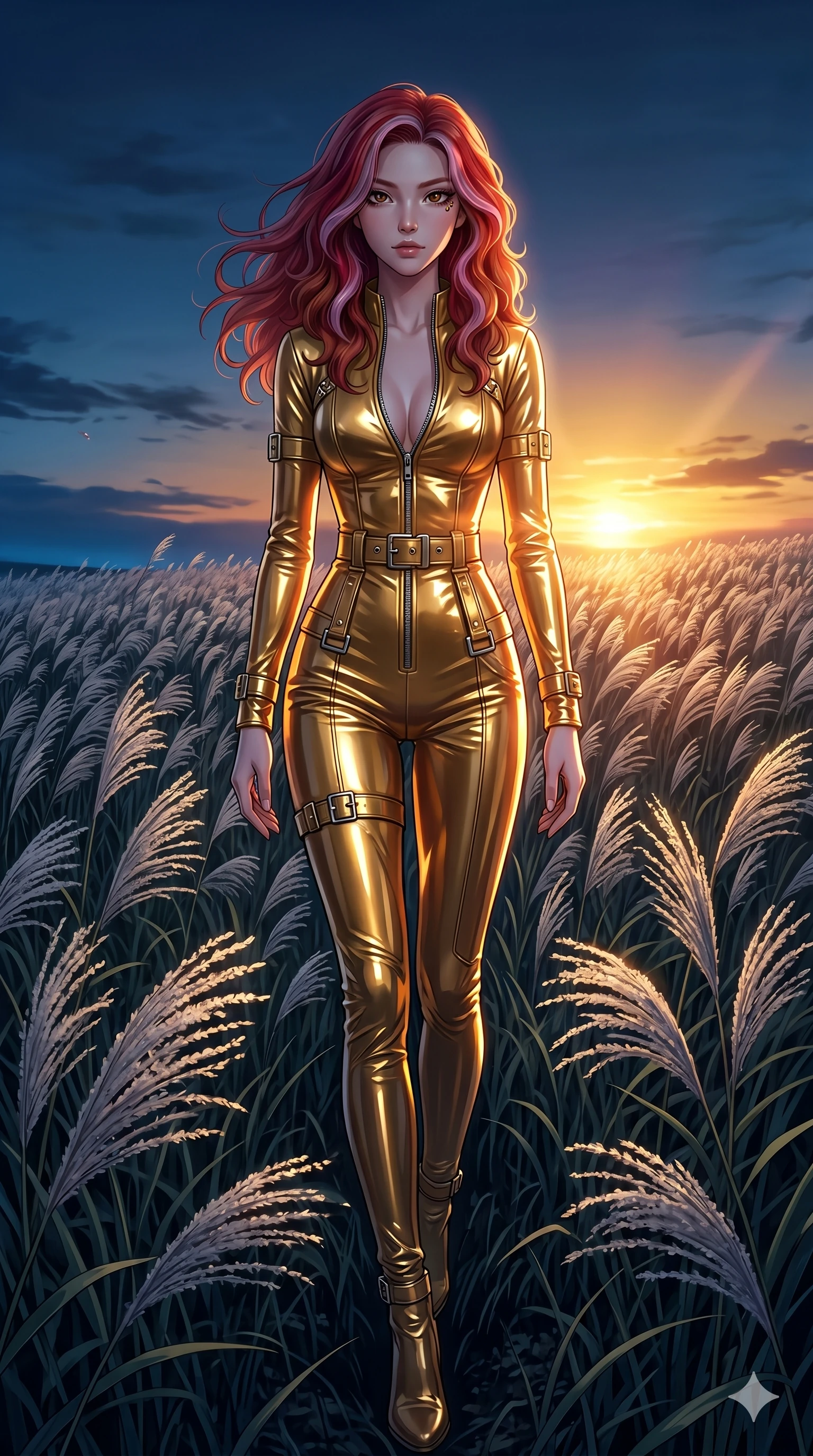 score_9, masterpiece, best quality, ultra-detailed, High-budget Anime Keyframe, East Asian woman. Dynamic full-body shot stretching the vertical silhouette to the limit. Scenario 78: Walking through a field of tall silver grass at twilight. Her presence is magnetic and overpowering in this high-budget anime scene. Outfit 78: A patent leather gold with a unzipped detail and metallic buckles. The clothing is designed to emphasize her exceptionally tall and slender 8-heads proportion. 8-heads proportion, towering silhouette, ultra-slim waist. sharp v-shaped jawline, intricate jewel-like eyes with depth, thick eyelashes, glossy lips. 2k, ultra detail, master piece, 9:16 ratio