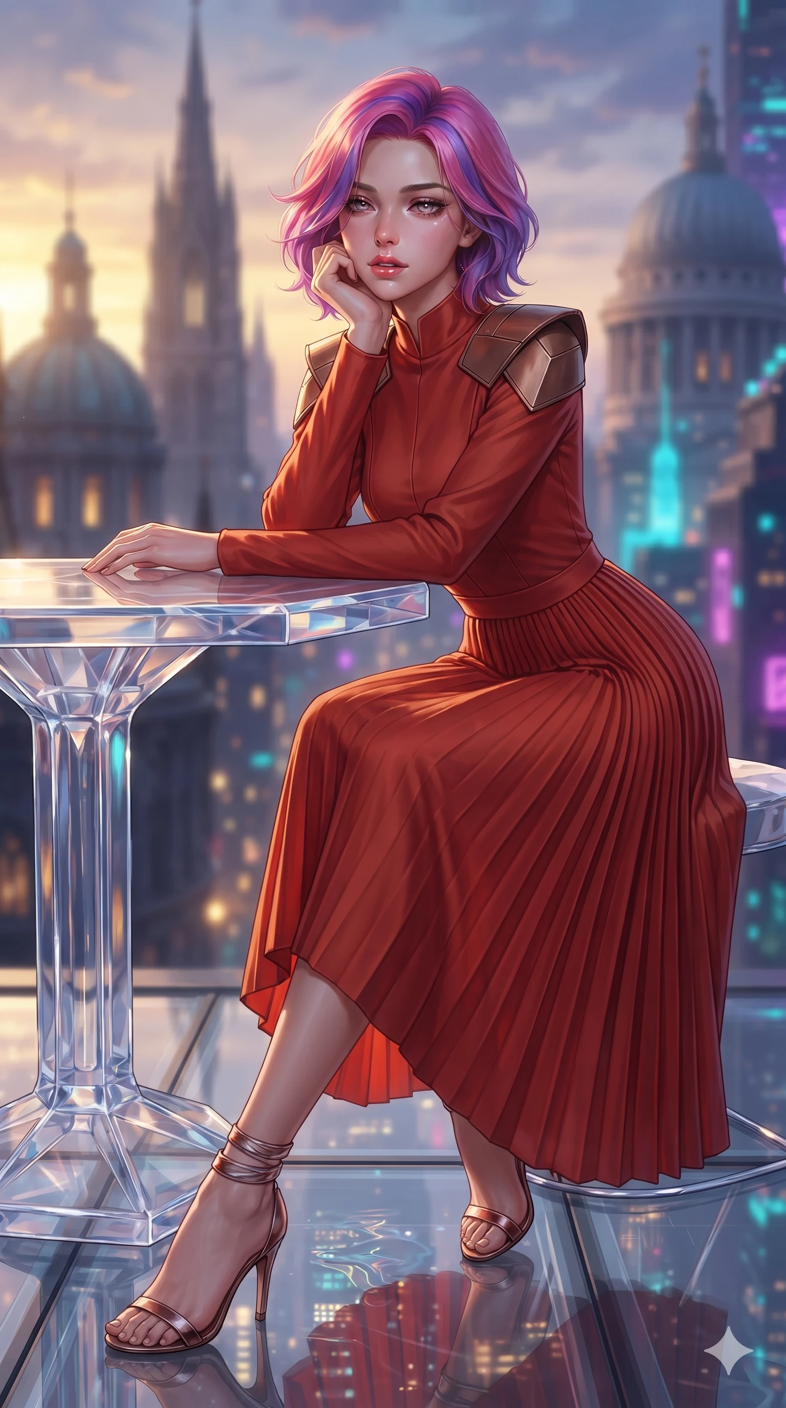 score_9, masterpiece, best quality, ultra-detailed, high-budget anime keyframe, editorial fashion photography, tasteful artistic composition, Caucasian woman. close-up cowboy shot from the waist and thighs up, the character dominates the composition, filling the frame with her large presence. resting one elbow on the table and supporting her chin, leaning close to the camera with heavy-lidded sparkling eyes and parted lips while twisting her slender torso in an alluring contrapposto stance, shimmering city light reflections tracing her narrow waist and curvy hips through the transparent floor. The background shows a soft-focus gothic spires and neoclassical domes blending into soaring cyberpunk neon skyscrapers thousands of meters below blurred into gold, cyan, and deep violet bokeh. She has an exceptionally elegant, slender, and willowy female figure with an ultra-slim waist, flat toned midriff, narrow ribcage, and sculpted feminine hips creating an alluring, slim hourglass silhouette without bulk. sharp v-shaped jawline, high-bridge nose, intricate jewel-like sparkling eyes with depth, thick eyelashes, glossy parted lips with a natural sheen, intensely captivating and seductive bedroom-eyes expression, exuding both youthful cute charm and sovereign luxury allure, flawlessly proportioned anatomical accuracy, strict slender model proportions, natural body alignment, perfectly sculpted long slender limbs, ultra-slim waistline, clean dynamic posture without body distortion. wearing a refined long-sleeve high-collar silk georgette diplomatic gown with structured geometric shoulder plates and pleated skirt in imperial vermilion silk and warm bronze, crafted from bespoke double-faced cashmere with an exceptionally soft tactile finish, complemented by strappy stiletto sandals with metallic ankle wraps accentuating her slender calves, the impeccably tailored cut draping gracefully along her slender figure with aristocratic poise. bathed in the dramatic dual twilight lighting: warm golden sunset rays from the classical west and cool vibrant neon from the futuristic east. ultra-reflective glossy finish, specular highlights, rich textural contrasts, high-contrast stereoscopic depth, volumetric dynamic lighting, 2k, ultra detail, master piece, 9:16 ratio