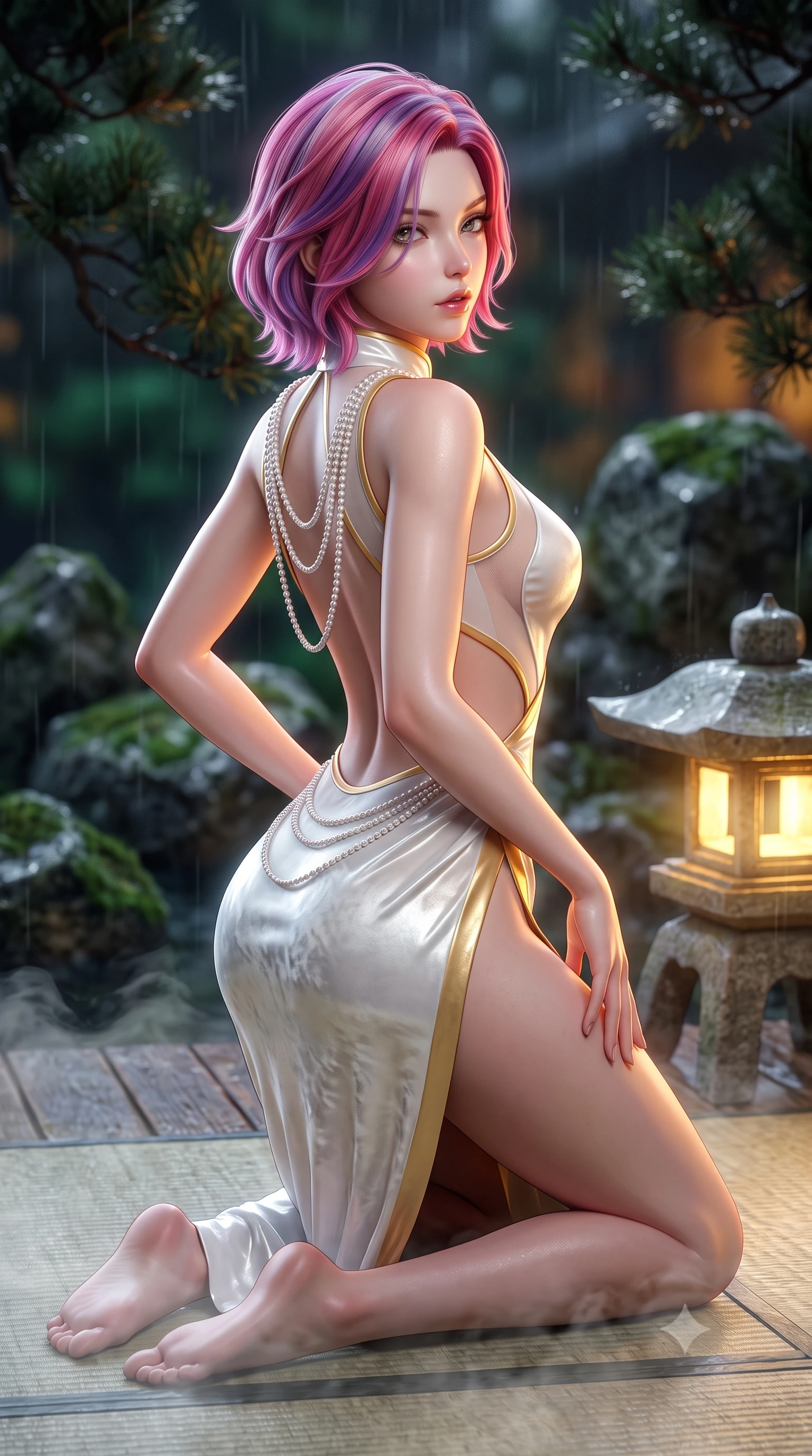 score_9, masterpiece, best quality, ultra-detailed, high-budget anime keyframe, semi-realistic 3D game render, editorial fashion photography, tasteful artistic composition, Caucasian woman. close-up cowboy shot from the waist and thighs up, the character dominates the composition, filling the frame with her large presence. posing in an alluring rear three-quarter angle, arching her lower back in a pronounced S-curve with one hand on her hip, glancing seductively over her bare shoulder with parted glossy lips while kneeling gracefully on the tatami deck beside a glowing stone lantern, one hand resting on her bare hip as river mist curls around her. The composition keeps background elements in soft focus with creamy bokeh. rain-slicked mossy boulders and dark pine branches blurred into deep emerald, warm amber, and charcoal-rain bokeh. She has an exceptionally elegant, slender, and willowy female figure with an ultra-slim waist, flat toned midriff, narrow ribcage, and sculpted feminine hips creating an alluring, slim hourglass silhouette without bulk. sharp v-shaped jawline, high-bridge nose, intricate jewel-like eyes with depth, thick eyelashes, glossy parted lips with a natural sheen, intensely captivating and seductive bedroom-eyes expression, flawlessly proportioned anatomical accuracy, strict slender model proportions, natural body alignment, perfectly sculpted long slender limbs, ultra-slim waistline, clean dynamic posture without body distortion. wearing a wet-look silk fusion wrap dress with asymmetrical sheer mesh cutouts and high Mandarin collar in pure alabaster white and sun-kissed gold, crafted from heavyweight crushed silk velvet with liquid vintage luster, accented with a multi-strand pearl back necklace cascading down her bare spine to her hips, the second-skin form-contouring cut accentuating her sculpted flat midriff, narrow delicate ribcage, and gracefully curvy hips with supermodel precision. bathed in soft rain-drenched cool ambient daylight and warm golden stone lantern downlights. highly saturated vibrant anime colors, detailed shading with soft gradients, rich glossy textures, high-contrast stereoscopic depth, volumetric dynamic lighting, master piece, 9:16 ratio