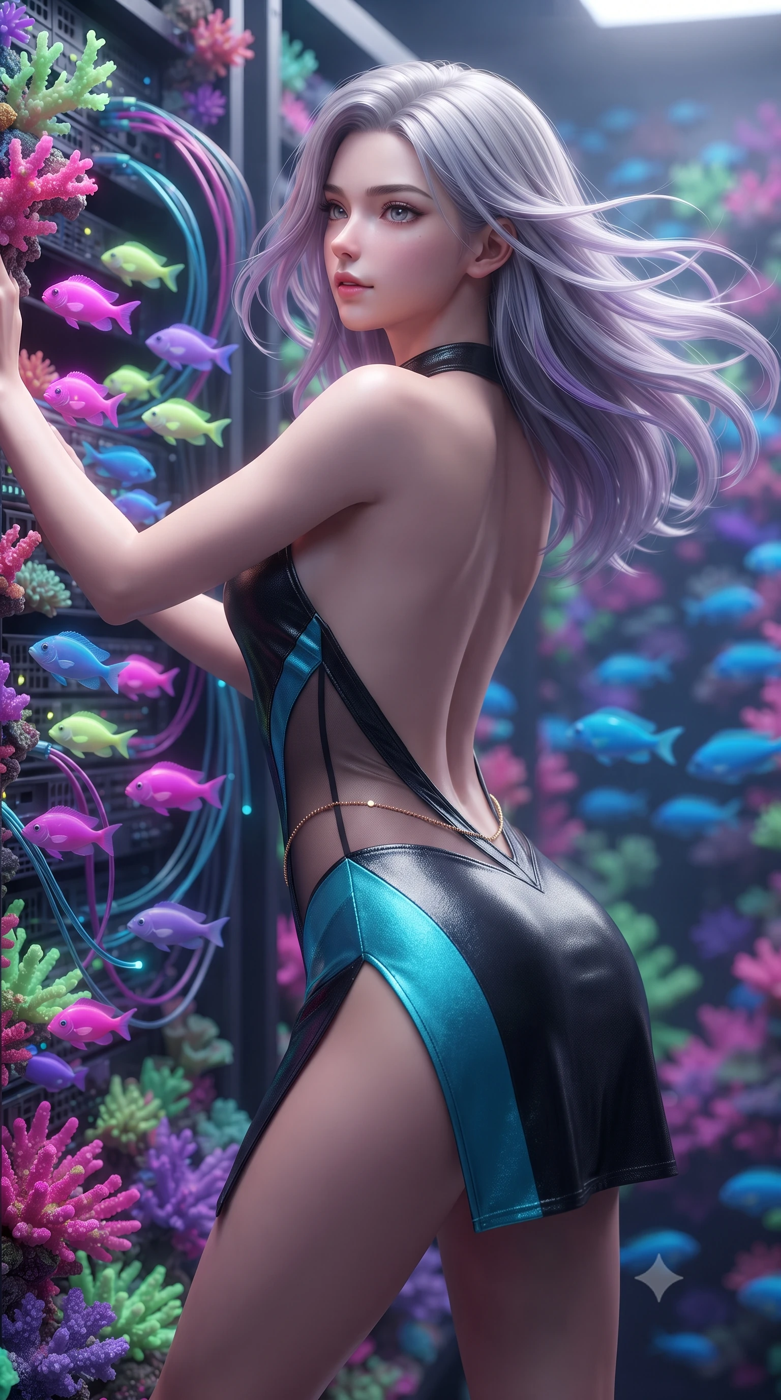 score_9, masterpiece, best quality, ultra-detailed, high-budget anime keyframe, editorial fashion photography, tasteful artistic composition, Caucasian woman. close-up cowboy shot from the waist and thighs up, the character dominates the composition, filling the frame with her large presence. turning slowly with an enchanting smoldering smile, her glossy hair tossing in the breeze as her hips angle gracefully in a captivating contrapposto while leaning against the coral-encrusted server rack with hips cocked back, watching luminescent neon reef fish dart through fiber-optic cables with smoldering bedroom-eyes. The background shows a soft-focus living fluorescent magenta, lime, and violet corals growing across pulsing server towers, schools of electric blue reef fish blurred into coral, mint, and amethyst bokeh. She has an exceptionally elegant, slender, and willowy female figure with an ultra-slim waist, flat toned midriff, narrow ribcage, and sculpted feminine hips creating an alluring, slim hourglass silhouette without bulk. sharp v-shaped jawline, high-bridge nose, intricate jewel-like sparkling eyes with depth, thick eyelashes, glossy parted lips with a natural peach sheen, bright cheerful beaming smile with an enchanting and coquettish sensual glint, exuding both youthful cute charm and seductive allure, flawlessly proportioned anatomical accuracy, strict slender model proportions, natural body alignment, perfectly sculpted long slender limbs, ultra-slim waistline, clean dynamic posture without body distortion. wearing an alluring backless metallic lamé combat halter mini dress with deep open back down to her lower spine and thigh-high slit in tactical obsidian black and high-voltage cyan, featuring strategic sheer-illusion tulle side panels framing her ribcage and hips, accented with a dainty gold belly chain resting across her flat midriff and curving hips, the glove-like clinging cut tightly following the natural contour of her hips and long slender legs with youthful 8.5-heads elegance. bathed in the glowing natural fluorescence of deep corals combined with warm 2500K interior recessed cove lighting. ultra-reflective glossy finish, specular highlights, rich textural contrasts, high-contrast stereoscopic depth, volumetric dynamic lighting, 2k, ultra detail, master piece, 9:16 ratio
