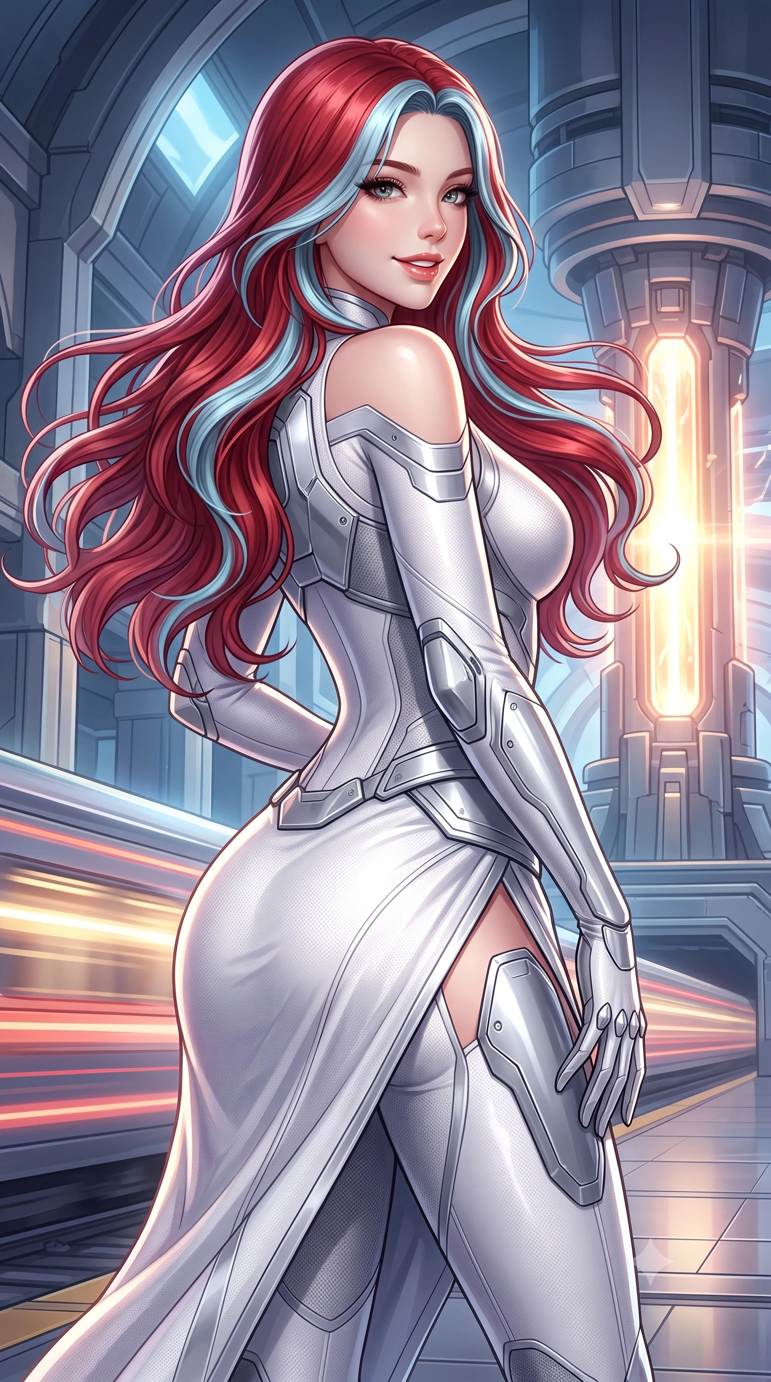 score_9, masterpiece, best quality, ultra-detailed, high-budget anime keyframe, semi-realistic 3D game render, editorial fashion photography, tasteful artistic composition, Caucasian woman. close-up cowboy shot from the waist and thighs up, the character dominates the composition, filling the frame with her large presence. posing in an alluring rear three-quarter angle, turning over a bare shoulder with an intoxicating gaze, her hips cocked back to highlight her slim hourglass curve against the glowing reactor while twisting her slender torso in an alluring S-curve in the rush of air, her aerodynamic combat suit hugging her narrow waist and curvy hips. The surrounding environment is rendered in vivid detail and crisp panoramic clarity: detailed high-tech suit weave, speed glints on armor plating, and monumental transit architecture in high resolution. She has an exceptionally elegant, slender, and willowy female figure with an ultra-slim waist, flat toned midriff, narrow ribcage, and sculpted feminine hips creating an alluring, slim hourglass silhouette without bulk. sharp v-shaped jawline, high-bridge nose, intricate jewel-like sparkling eyes with depth, thick eyelashes, glossy parted lips with a natural sheen, bright confident smile with an enchanting and coquettish sensual glint, exuding both youthful magnetic charm and sovereign high-tech allure, flawlessly proportioned anatomical accuracy, strict slender model proportions, natural body alignment, perfectly sculpted long slender limbs, ultra-slim waistline, clean dynamic posture without body distortion. wearing a cyber-samurai tactical suit featuring a shortened carbon chestplate and high-slit armored wrap skirt in pure alabaster white and brushed silver accents, made of supple second-skin compression stretch jersey clinging flawlessly to her form, accented with strategically placed chrome armor plate guards covering key curves, the aerodynamic second-skin silhouette tightly following the natural contour of her hips and long slender legs with youthful 8.5-heads elegance. illuminated by passing train light streaks and sharp platinum rim lights defining her sculpted collarbones, ultra-slim waist, and curvy hips. highly saturated vibrant anime colors, detailed shading with soft gradients, rich glossy textures, high-contrast stereoscopic depth, volumetric dynamic lighting, master piece, 9:16 ratio