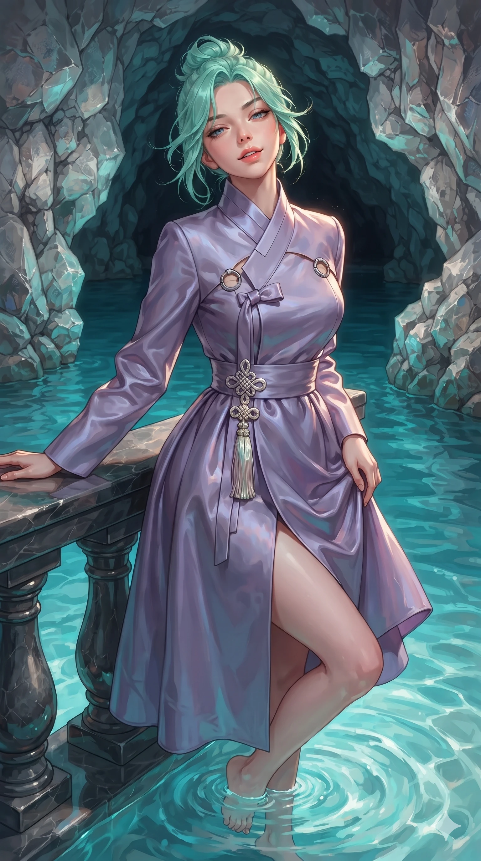 score_9, masterpiece, best quality, ultra-detailed, high-budget anime keyframe, editorial fashion photography, tasteful artistic composition, Japanese woman. close-up cowboy shot from the waist and thighs up, the character dominates the composition, filling the frame with her large presence. leaning back against the balustrade with relaxed seductive grace, head tilted back slightly while casting a hypnotic, heavy-lidded gaze while stepping slowly into the crystal shallows with hypnotic grace, hips swaying in an alluring sensual rhythm that commands the cavern void. The surrounding environment is rendered in vivid detail and crisp panoramic clarity: detailed semi-sheer gossamer hanbok slip dress cling, silk ribbon ties, and coastal limestone geology in razor-sharp precision. She has an exceptionally elegant, slender, and willowy female figure with an ultra-slim waist, flat toned midriff, narrow ribcage, and sculpted feminine hips creating an alluring, slim hourglass silhouette without bulk. sharp v-shaped jawline, high-bridge nose, sparkling eyes with hypnotic seductive depth, thick curled eyelashes, glossy parted lips with a natural dewy peach sheen, alluring bedroom-eyes with an enchanting coquettish smile, exuding magnetic siren charisma and sophisticated glamour, flawlessly proportioned anatomical accuracy, strict slender model proportions, natural body alignment, perfectly sculpted long slender limbs, ultra-slim waistline, clean dynamic posture without body distortion. wearing a bespoke high-neck modernized hanbok coat dress with an architectural collar and silk norigae knot tie in iridescent mother-of-pearl and misty lavender, tailored from heavy double-faced silk faille with an exceptionally fluid drape, accented with sculptural chrome hardware rings framing the subtle cutouts, the bespoke structured tailoring following the natural line of her 8.5-heads silhouette with refined elegance. illuminated by turquoise pool water bounce and sharp cyan-gold rim lights sculpting her razor-sharp jawline, narrow waist, and curvy hips. ultra-reflective glossy finish, specular highlights, rich textural contrasts, high-contrast stereoscopic depth, volumetric dynamic lighting, 2k, ultra detail, master piece, 9:16 ratio