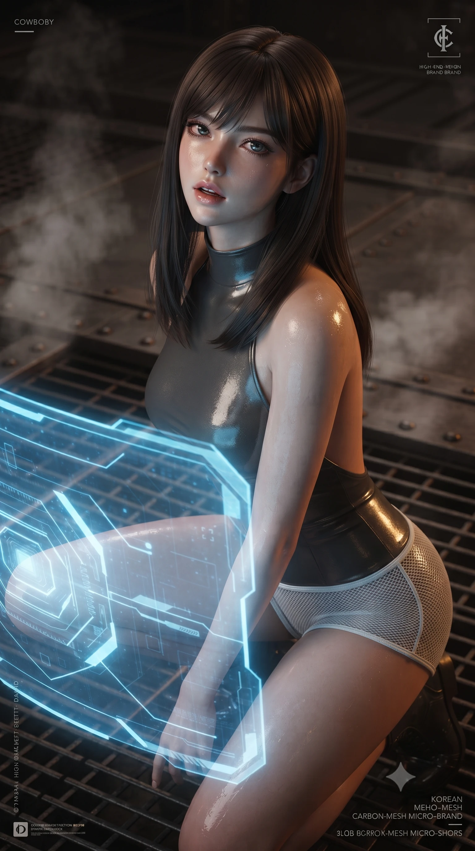 score_9, masterpiece, best quality, ultra-detailed, high-budget anime keyframe, editorial fashion photography, tasteful artistic composition, Korean woman. close-up cowboy shot from the waist and thighs up, the character dominates the composition, filling the frame with her large presence, background elements kept in soft focus. crouching slightly behind a glowing holographic shield emitter, looking up with defiance and lips slightly parted, the background shows a soft-focus a steam venting platform built of dark iron grids and heavy rivet sheets. She has an exceptionally elegant, slender, and willowy female figure with an ultra-slim waist, a gracefully sculpted slender torso, and a refined silhouette. sharp v-shaped jawline, high-bridge nose, intricate jewel-like eyes with depth, thick eyelashes, glossy lips with a natural sheen. wearing a body-hugging backless combat halter top in charcoal grey, paired with white carbon-mesh micro-shorts. low-key amber lights highlighting the wet metallic textures of her combat suit. ultra-reflective glossy finish, specular highlights, metallic sheen, high-contrast stereoscopic depth, volumetric dynamic lighting, 2k, ultra detail, master piece, 9:16 ratio