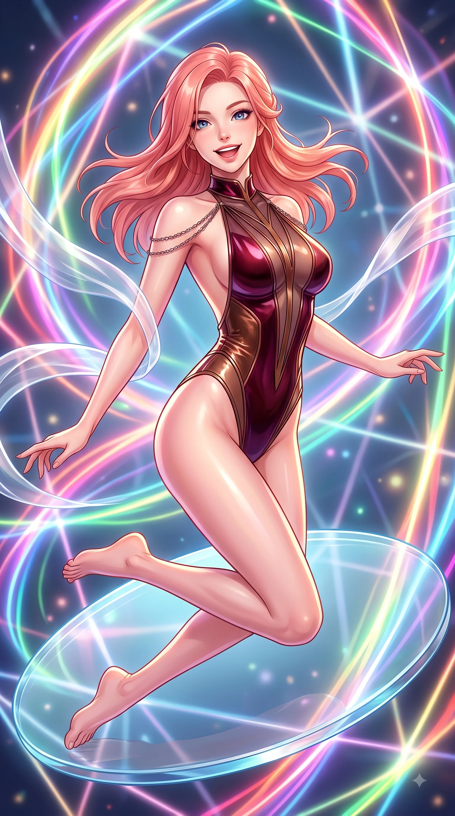 score_9, masterpiece, best quality, ultra-detailed, high-budget anime keyframe, editorial fashion photography, tasteful artistic composition, Japanese woman. close-up cowboy shot from the waist and thighs up, the character dominates the composition, filling the frame with her large presence, background elements kept in soft focus. Cheerful beaming smile with parted lips, exuding pure enchanting charm while turning dynamically toward the camera while leaping across a floating glass disk inside a geometric light matrix with a beaming face, translucent silk ribbons swirling around her figure like bright streams. She has an exceptionally elegant, slender, and willowy female figure with an ultra-slim waist, a gracefully sculpted slender torso, and a refined silhouette. sharp v-shaped jawline, high-bridge nose, intricate jewel-like eyes with depth, thick eyelashes, glossy lips with a natural sheen, flawlessly proportioned anatomical accuracy, natural body alignment, perfectly sculpted elegant limbs, clean dynamic posture without body distortion. wearing a high-cut translucent vinyl leotard with front paneling and open back in deep burgundy and bronze, made of premium stretch velvet with a rich sheen, adorned with delicate metallic chain straps along the neckline, the glove-like fit emphasizing her statuesque silhouette during motion. illuminated by the brilliant glow of rainbow luminescent plasma threads. highly saturated vibrant anime colors, detailed shading with soft gradients, rich glossy textures, high-contrast stereoscopic depth, volumetric dynamic lighting, master piece, 9:16 ratio