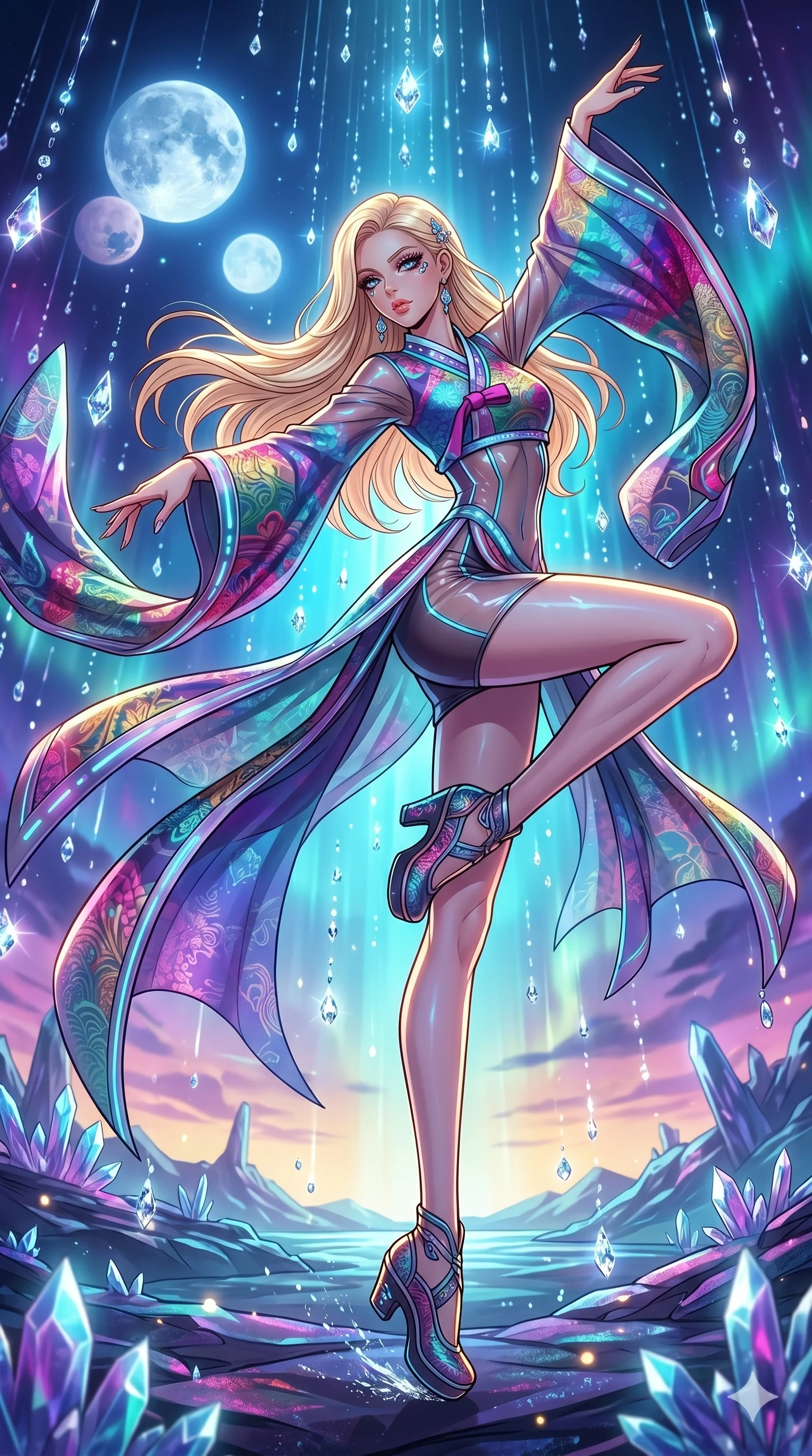 score_9, masterpiece, best quality, ultra-detailed, high-budget anime movie keyframe, cinematic anime lighting, intricate line art, Japanese woman. Dynamic full-body shot stretching the vertical silhouette with extreme perspective. dancing in a rain of liquid diamonds under a twin-moon sky. She has an absolutely perfect 8-heads proportion, an exceptionally tall and slender female figure with an ultra-slim waist and impossibly long slender legs. strictly human anatomy, two legs only, no extra limbs, clearly defined legs and arms, perfect anatomy, perfect hands and fingers. sharp v-shaped jawline, high-bridge nose, intricate jewel-like eyes, thick eyelashes, glossy lips. Wearing Modern Traditional: Shortened cyber-hanbok with fusion silk robes and transparent panels. The scene is illuminated by dramatic atmospheric lighting and vibrant color palettes. , 2k, ultra detail, master piece, 9:16 ratio