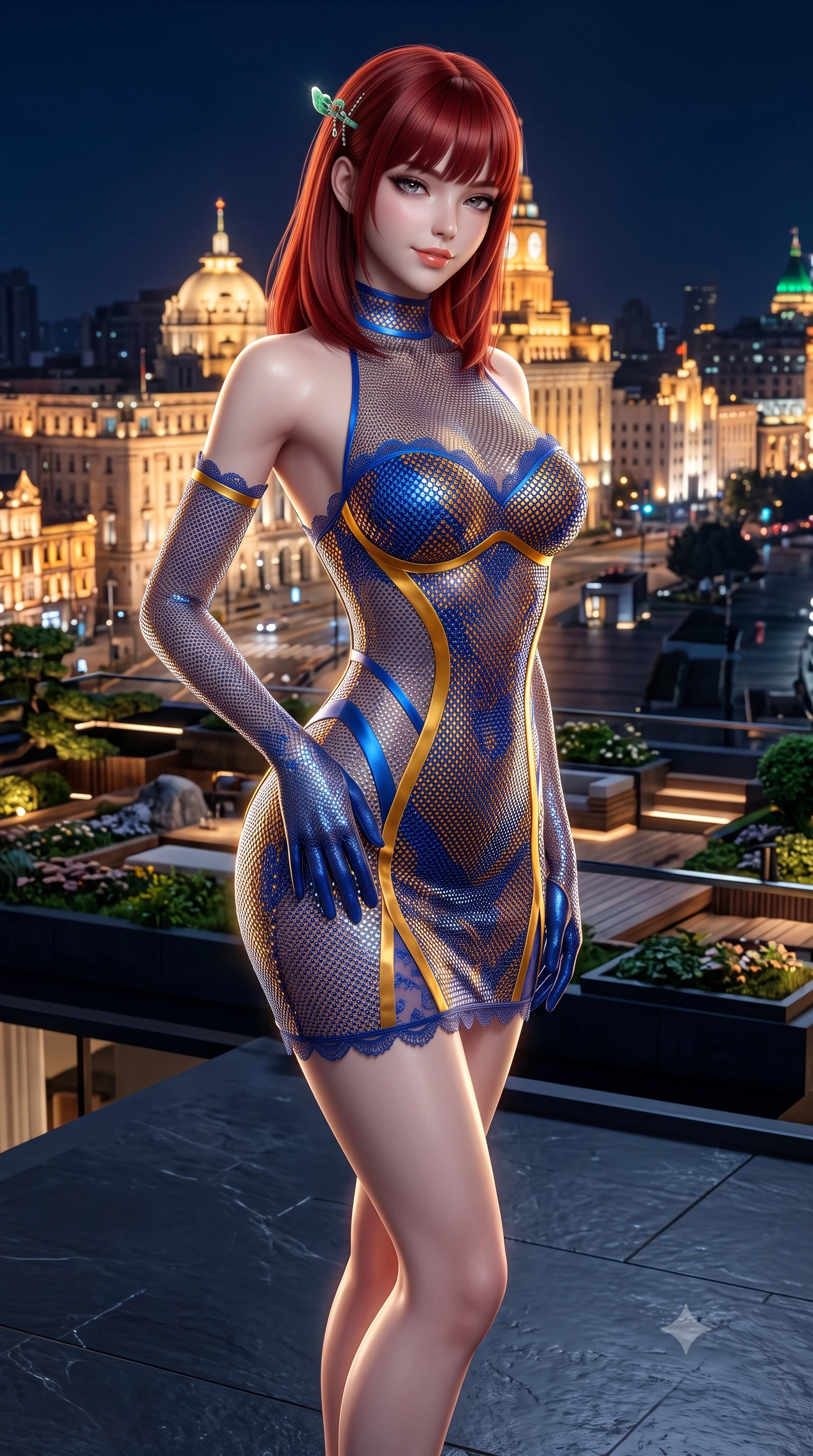 score_9, masterpiece, best quality, ultra-detailed, high-budget anime keyframe, semi-realistic 3D game render, editorial fashion photography, tasteful artistic composition, Caucasian woman. close-up cowboy shot from the waist and thighs up, the character dominates the composition, filling the frame with her large presence. tilting her head with a teasing half-smile, running one hand slowly down the side of her hip in a flirtatious S-curve as ambient light caresses her silhouette while standing poised on the cantilevered dark slate deck jutting out over the historic Bund colonnades, arching her lower back to emphasize her curvy hips in the night breeze. The surrounding environment is rendered in vivid detail and crisp panoramic clarity: detailed plunging cowl-neck liquid metallic gown drape, jade hairpin shine, and rooftop landscaping craft in high resolution. She has an exceptionally elegant, slender, and willowy female figure with an ultra-slim waist, flat toned midriff, narrow ribcage, and sculpted feminine hips creating an alluring, slim hourglass silhouette without bulk. sharp v-shaped jawline, high-bridge nose, sparkling eyes with hypnotic seductive depth, thick curled eyelashes, glossy parted lips with a natural dewy peach sheen, alluring bedroom-eyes with an enchanting coquettish smile, exuding magnetic siren charisma and sophisticated glamour, flawlessly proportioned anatomical accuracy, strict slender model proportions, natural body alignment, perfectly sculpted long slender limbs, ultra-slim waistline, clean dynamic posture without body distortion. wearing a provocative high-neck sheer illusion cocktail dress with liquid satin ribbons contouring her curves in Marrakesh cobalt majorelle blue and saffron gold, crafted from shimmering fluid chainmail mesh reflecting ambient lights, finished with scalloped eyelash lace trim framing her sweetheart neckline with intimate elegance, the glove-like clinging cut tightly following the natural contour of her hips and long slender legs with youthful 8.5-heads elegance. illuminated by slate deck reflection bounce and sharp platinum-gold rim lights defining her delicate clavicles, ultra-slim waist, and curvy hips. highly saturated vibrant anime colors, detailed shading with soft gradients, rich glossy textures, high-contrast stereoscopic depth, volumetric dynamic lighting, master piece, 9:16 ratio