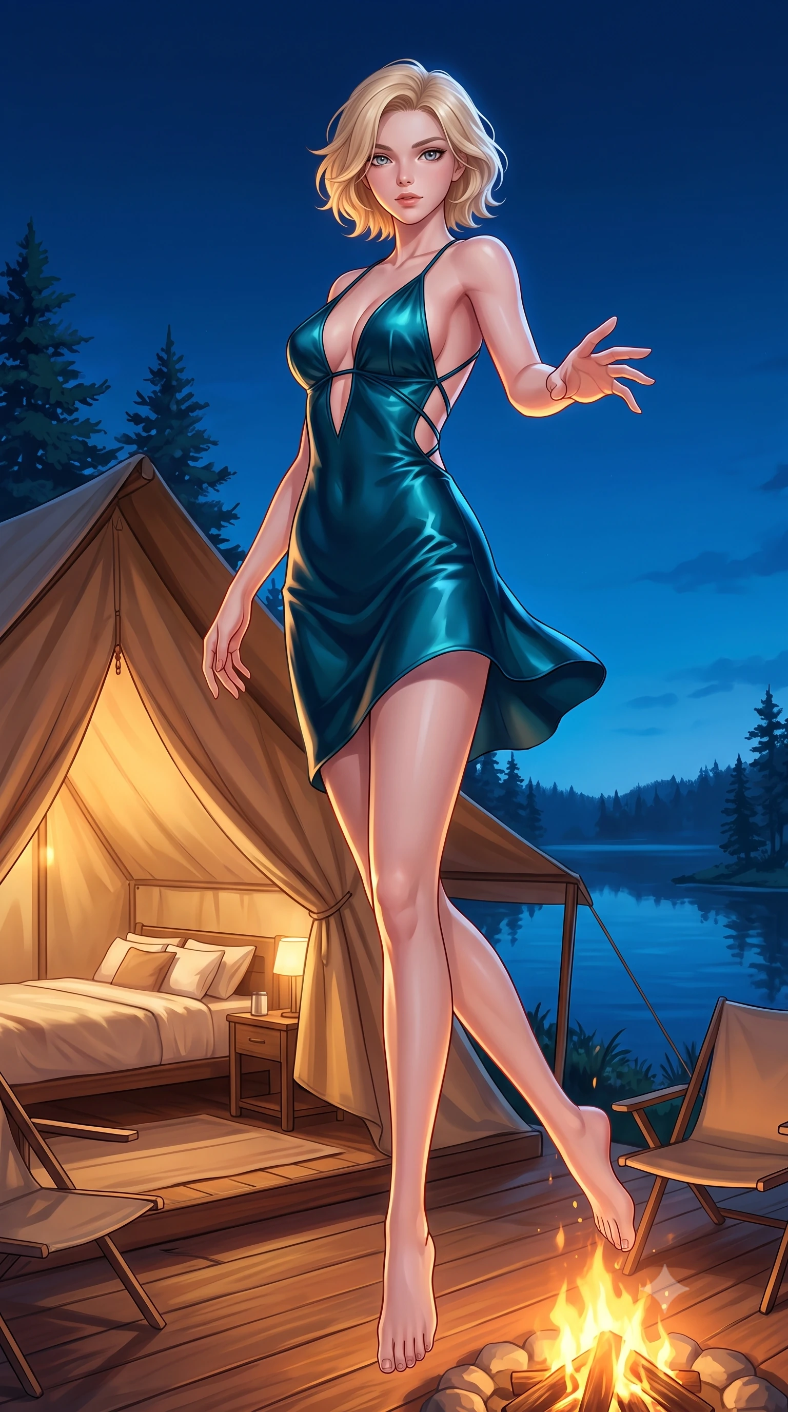 score_9, masterpiece, best quality, ultra-detailed, high-budget anime keyframe, editorial fashion photography, tasteful artistic composition, Caucasian woman woman. low angle full-body shot from head to toe showing her feet, filling the entire 9:16 vertical frame with her statuesque presence, stretching her vertical silhouette. She has an absolutely perfect, statuesque 8.5-heads proportion, an exceptionally tall and slender model-like female figure with impossibly long slender legs and an ultra-slim waist. floating dynamically in zero-gravity with flawless poise, reaching her hand forward gracefully, flawlessly proportioned anatomical accuracy, natural body alignment, perfectly sculpted elegant limbs, clean dynamic posture without body distortion. set against a soft-focus background of a luxury canvas tent deck overlooking a quiet pine lake at dusk. wearing a plunging keyhole neck silk slip dress with an open-back design and cross-strap detailing. bathed in warm campfire glow contrasting with the deep twilight blue night sky. highly saturated vibrant anime colors, detailed shading with soft gradients, rich glossy textures, high-contrast stereoscopic depth, volumetric dynamic lighting, master piece, 9:16 ratio