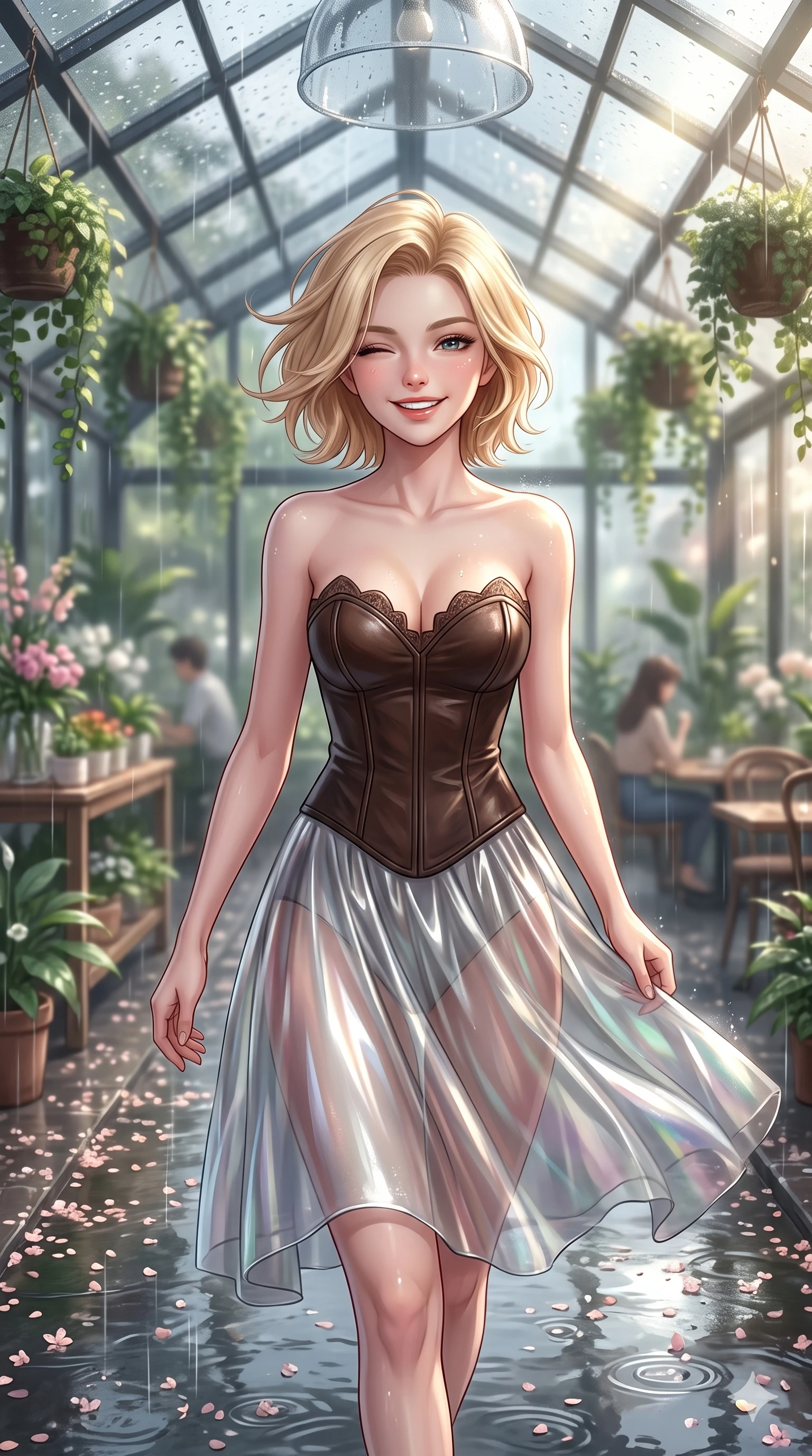 score_9, masterpiece, best quality, ultra-detailed, high-budget anime keyframe, vibrant anime aesthetic, Caucasian woman, strictly human ears. close-up cowboy shot from the waist and thighs up, the character dominates the composition, filling the frame with her large presence, background elements kept in soft focus. She is walking down a rain-slicked path, winking and smiling cheerfully, gazing at the camera with sparkling eyes surrounded by delicate flower petals. the background shows a soft-focus spacious greenhouse cafe filled with hanging plants, where rain drums softly on the glass roof panels (Code-P22-196). She has an absolutely perfect proportion, an exceptionally elegant and slender female figure with an ultra-slim waist. V-shaped jawline, high-bridge nose, intricate jewel-like eyes with depth, thick eyelashes, glossy lips with a natural sheen. wearing a structured leather bodice featuring a sweetheart neckline and a translucent skirt in silver metallic and translucent gloss. She is drenched in brilliant morning sunshine reflecting off wet glass domes, highlighting her winking face and glossy lips under the glass dome roof. 2k, ultra detail, master piece, 9:16 ratio