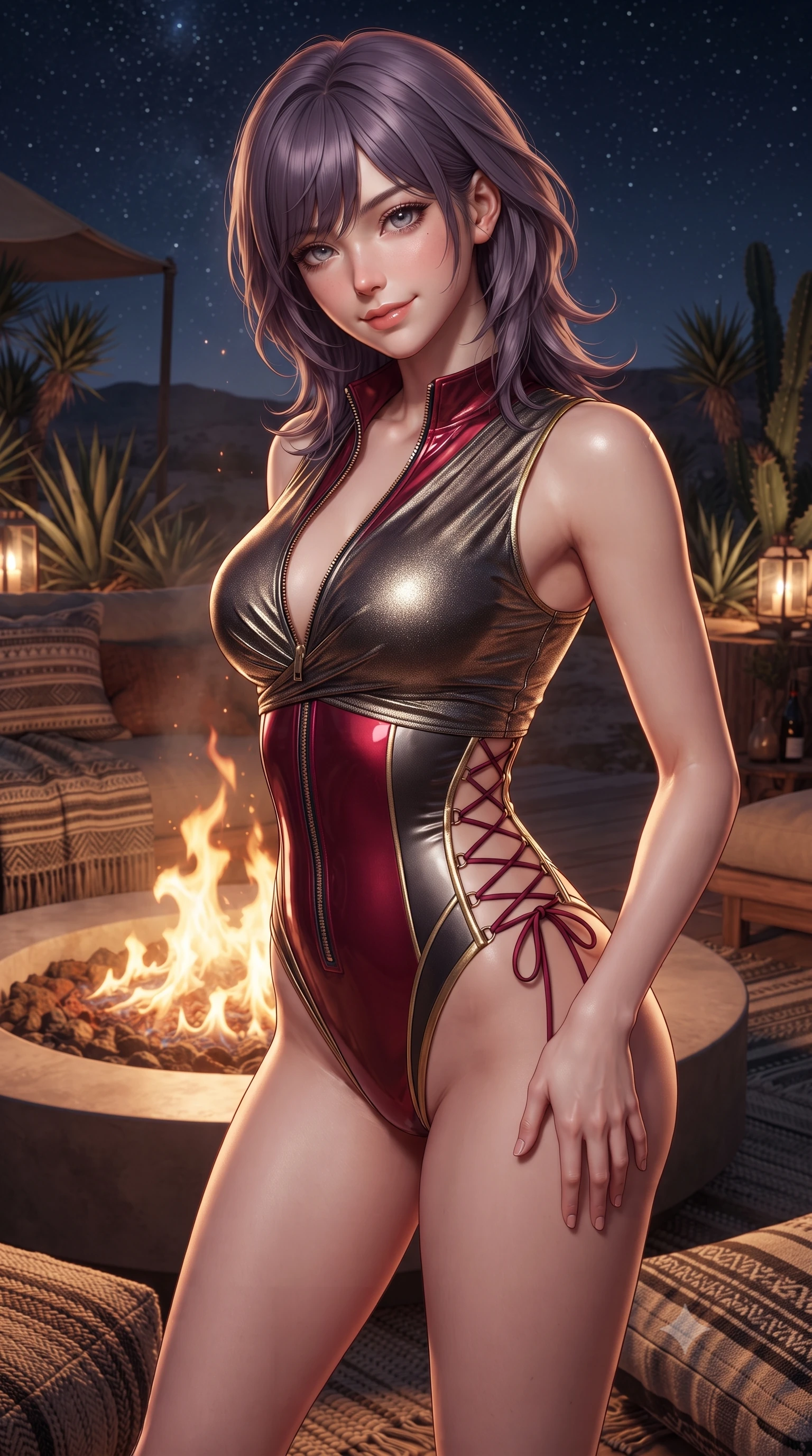 score_9, masterpiece, best quality, ultra-detailed, high-budget anime keyframe, editorial fashion photography, tasteful artistic composition, Japanese woman. close-up cowboy shot from the waist and thighs up, the character dominates the composition, filling the frame with her large presence. tilting her head with a teasing half-smile, running one hand slowly down the side of her hip in a flirtatious S-curve as ambient light caresses her silhouette while twisting her slender torso in an alluring S-curve beside the sunken fire pit, dancing flames casting warm chiaroscuro contours over her curves. The surrounding environment is rendered in vivid detail and crisp panoramic clarity: detailed metallic lame wrap top texture, bare midriff contour, and luxury glamping craft in high resolution. She has an exceptionally elegant, slender, and willowy female figure with an ultra-slim waist, flat toned midriff, narrow ribcage, and sculpted feminine hips creating an alluring, slim hourglass silhouette without bulk. sharp v-shaped jawline, high-bridge nose, intricate jewel-like sparkling eyes with depth, thick eyelashes, glossy parted lips with a natural peach sheen, bright cheerful beaming smile with an enchanting and coquettish sensual glint, exuding both youthful cute charm and seductive allure, flawlessly proportioned anatomical accuracy, strict slender model proportions, natural body alignment, perfectly sculpted long slender limbs, ultra-slim waistline, clean dynamic posture without body distortion. wearing a form-contouring wet-look neoprene zip-front maillot with high-cut leg openings and gold racing side trims in rich ruby crimson and dark brushed titanium, crafted from high-tensile reflective patent leather with sleek specular highlights, featuring fine criss-cross lace-up side ties revealing tantalizing glimpses of her hip curve, the high-slit wrap tailoring accentuating her ultra-slim waistline and the enchanting curve of her feminine hips with alluring seductive charm. bathed in the dramatic warm 2200K glow of dancing fire pits contrasted with cool desert starlight. ultra-reflective glossy finish, specular highlights, rich textural contrasts, high-contrast stereoscopic depth, volumetric dynamic lighting, 2k, ultra detail, master piece, 9:16 ratio