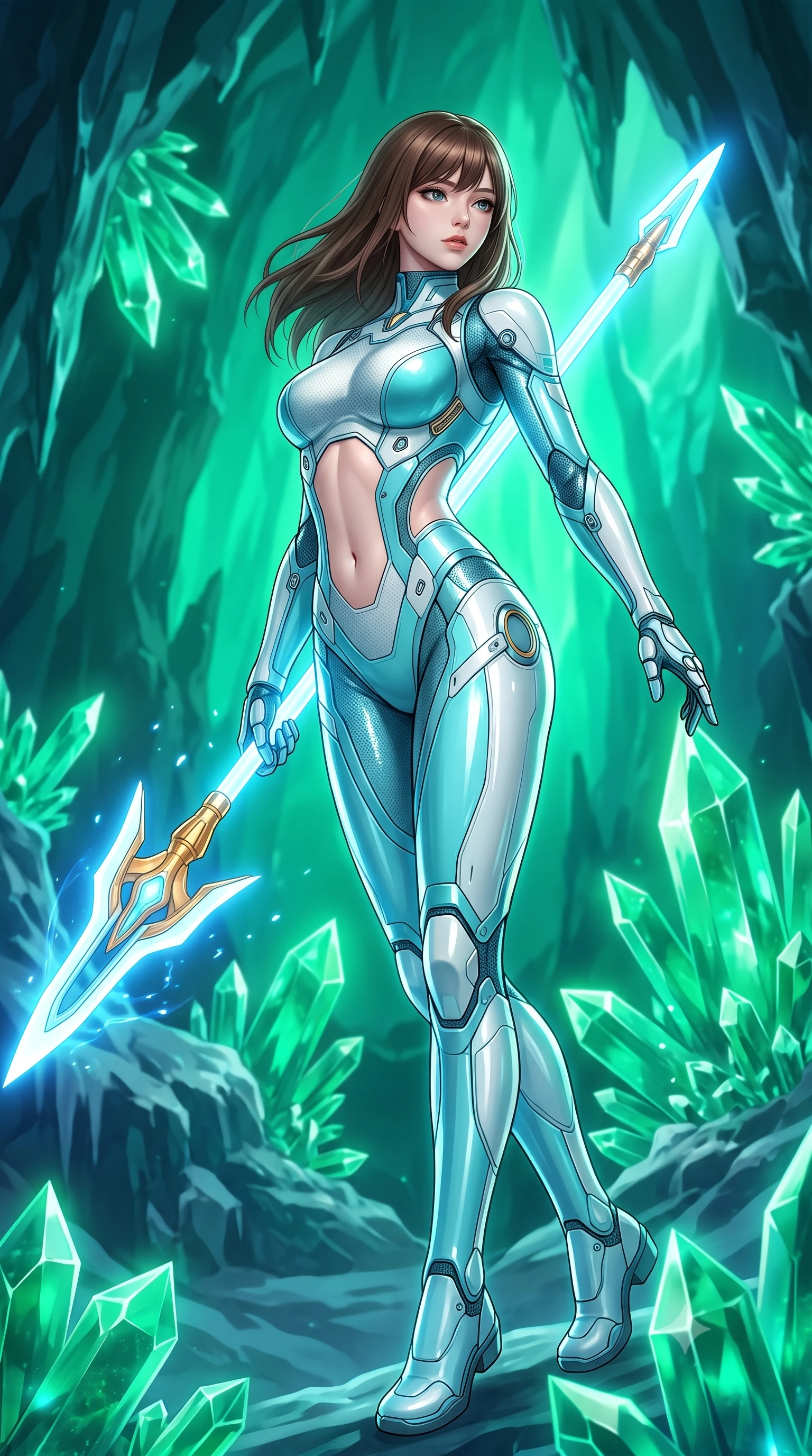 score_9, masterpiece, best quality, ultra-detailed, high-budget anime keyframe, semi-realistic 3D game render, editorial fashion photography, tasteful artistic composition, Korean woman. low angle full-body shot from head to toe showing her feet, filling the entire 9:16 vertical frame with her statuesque presence, stretching her vertical silhouette. pivoting dynamically in mid-motion with a breathtakingly alluring posture, displaying her flawless model proportions, toned flat midriff, and ultra-slim waist while arching her back gracefully with full draw-string tension, her long slender legs and torso creating a sweeping line of power. The surrounding environment is rendered in vivid detail and crisp panoramic clarity. razor-sharp holographic bow limb geometries, glowing photon arrow string filaments, and reactor core facets in deep focus. She has an absolutely perfect, statuesque 8.5-heads proportion, an exceptionally tall and slender model-like female figure with impossibly long slender legs, a toned flat midriff, and an ultra-slim waist. sharp v-shaped jawline, high-bridge nose, intricate jewel-like eyes with depth, thick eyelashes, glossy lips with a natural sheen, flawlessly proportioned anatomical accuracy, strict slender model proportions, natural body alignment, perfectly sculpted long slender limbs, ultra-slim waistline, clean dynamic posture without body distortion. wearing an ultra-sleek glacial-cyan and white carbon-mesh combat bodysuit with frost-resistant plating, holding a glowing high-frequency cryo-energy spear with commanding poise in arctic white carbon composite with radiant solar gold plating, formed from high-gloss patent carbon-plating with specular chiaroscuro reflections, finished with high-mobility articulation joints and miniature magnetic armor locks, the precision-cut daring openings accentuating her delicate midriff, graceful bare collarbones, and ultra-slim feminine waistline. bathed in intense radiant emerald crystal core backlighting and glowing photon bow illumination. rich saturated anime colors with glowing neon highlights, detailed shading with soft gradients, rich glossy textures, high-contrast stereoscopic depth, volumetric dynamic lighting, master piece, 9:16 ratio