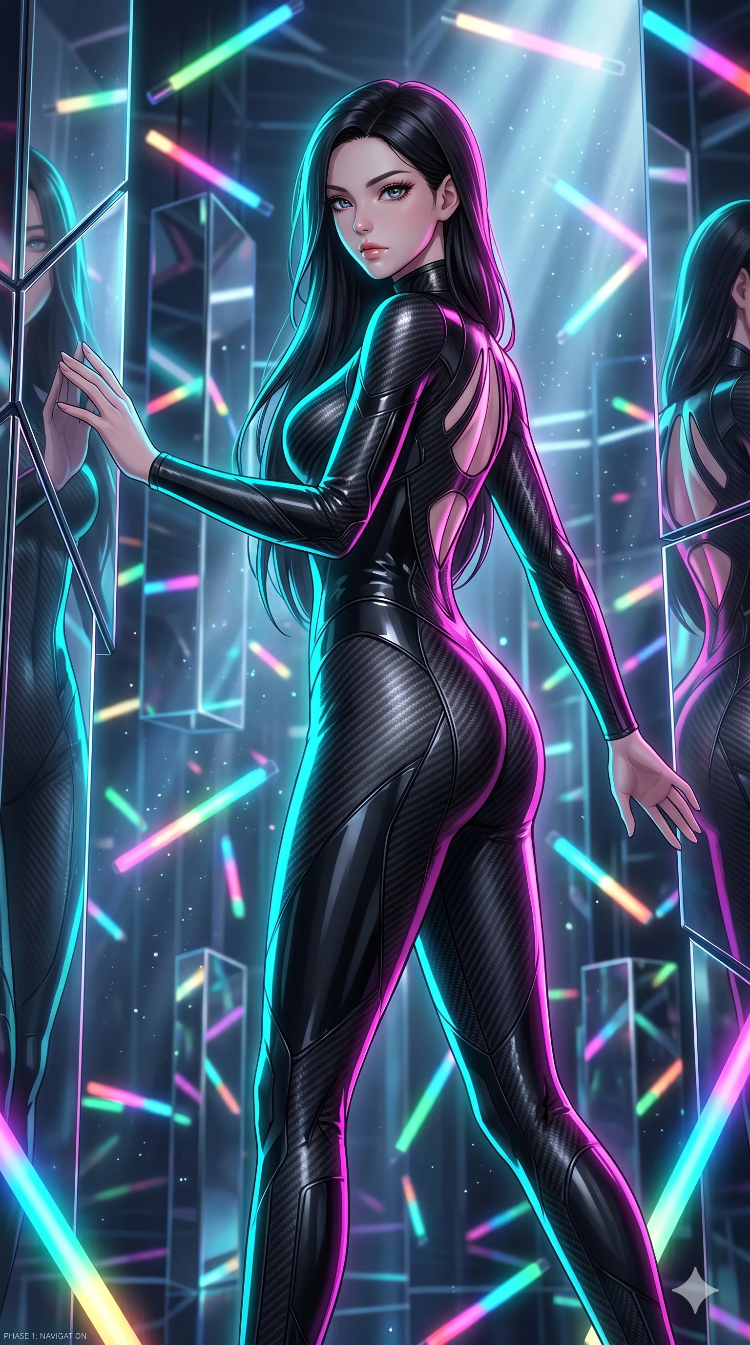 score_9, masterpiece, best quality, ultra-detailed, high-budget anime keyframe, Japanese woman. upper body close-up from the thighs up, character filling the screen for maximum presence. navigating a kinetic light-sculpture mirror maze, passing between floating chromium mirror pillars and rotating LED sticks. She has an absolutely perfect 8-heads proportion, an exceptionally tall and slender female figure with impossibly long slender legs and an ultra-slim waist. V-shaped jawline, high-bridge nose, intricate jewel-like eyes with depth, thick eyelashes, glossy lips with a natural sheen.. wearing a second-skin carbon fiber combat suit, featuring matte carbon fiber and glossy latex panels with elegant slitted cutouts on the upper back. bathed in brilliant cinematic volumetric lighting and intense neon rim light highlighting her slender form. 2k, ultra detail, master piece, 9:16 ratio