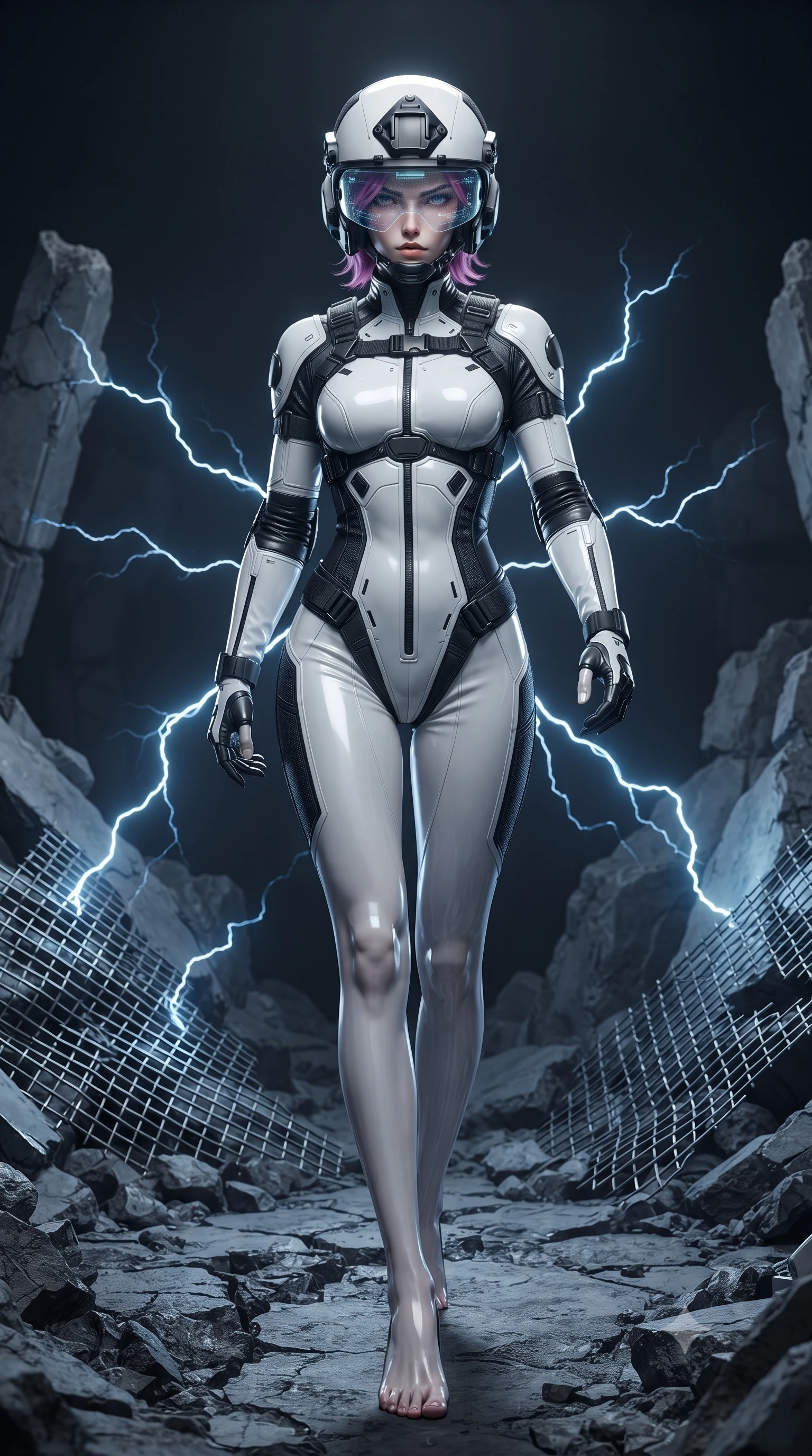 score_9, masterpiece, best quality, ultra-detailed, high-budget anime keyframe, editorial fashion photography, tasteful artistic composition, Caucasian woman. low angle full-body shot from head to toe showing her feet, filling the entire 9:16 vertical frame with her statuesque presence, stretching her vertical silhouette. striding forward with sovereign warrior elegance in a low, predatory combat advance through the ruins, hips swaying with fierce athletic poise while assuming a defensive Panzer Kunst stance as residual EMP charge creates a faint glowing halo around her slender silhouette. The surrounding environment is rendered in vivid detail and crisp panoramic clarity. sharp rebreather metallic mesh, glowing blue electrical discharge branches, and cracked crater rock in deep focus. She has an absolutely perfect, statuesque 8.5-heads proportion, an exceptionally tall and slender model-like female figure with impossibly long slender legs, a toned flat midriff, and an ultra-slim waist. sharp v-shaped jawline, high-bridge nose, intricate jewel-like eyes with depth, thick eyelashes, glossy lips with a natural sheen, fierce and resolute heroine expression, flawlessly proportioned anatomical accuracy, strict slender model proportions, natural body alignment, perfectly sculpted long slender limbs, ultra-slim waistline, clean dynamic posture without body distortion. wearing an open-face aerodynamic carbon-fiber combat helmet with a retracted transparent holographic HUD visor framing her sharp jawline and jewel-like eyes, paired with a tailored tactical combat jumpsuit with an open-back harness design, reinforced composite breastplate, and high-mobility elbow dampers in monochrome white enamel carbon with high-contrast black tactical panels, crafted from ultra-strong woven carbon-fiber composite with battle-tested satin luster, finished with high-mobility flexible armor articulation seams and miniature magnetic locks, the sleek second-skin cut tightly hugging her graceful clavicle, narrow waist, and feminine curves with athletic precision. surrounded by an electrifying, invincible, and radiantly transcendent dystopian heroine aura. ultra-reflective glossy finish, specular highlights, dark metallic sheen, high-contrast stereoscopic depth, volumetric dynamic lighting, 2k, ultra detail, master piece, 9:16 ratio