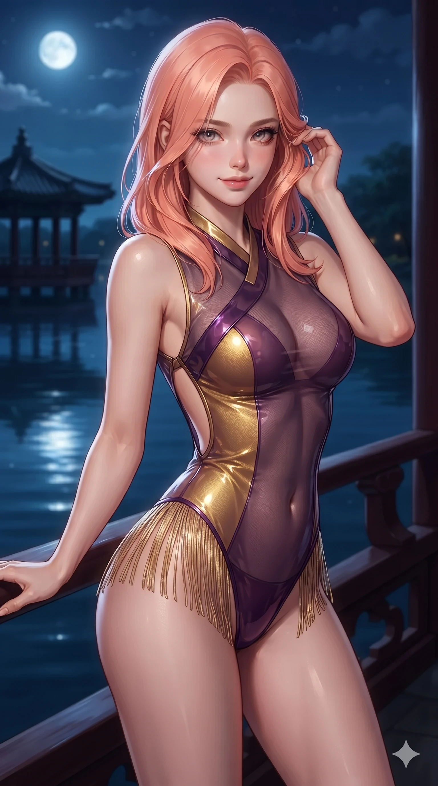 score_9, masterpiece, best quality, ultra-detailed, high-budget anime keyframe, editorial fashion photography, tasteful artistic composition, Japanese woman. close-up cowboy shot from the waist and thighs up, the character dominates the composition, filling the frame with her large presence. gently brushing a lock of silk hair behind her ear while casting a playful, flirtatious side-gaze with long eyelashes while twisting her slender torso in an alluring S-curve beside the lacquered wooden balustrade, silver moonbeams tracing her narrow waist and rounded hips. The background shows a soft-focus moonlit pavilion atmosphere softened in romantic nocturnal lake shallow focus. She has an exceptionally elegant, slender, and willowy female figure with an ultra-slim waist, flat toned midriff, narrow ribcage, and sculpted feminine hips creating an alluring, slim hourglass silhouette without bulk. sharp v-shaped jawline, high-bridge nose, sparkling eyes with hypnotic seductive depth, thick curled eyelashes, glossy parted lips with a natural dewy peach sheen, alluring bedroom-eyes with an enchanting coquettish smile, exuding magnetic siren charisma and sophisticated glamour, flawlessly proportioned anatomical accuracy, strict slender model proportions, natural body alignment, perfectly sculpted long slender limbs, ultra-slim waistline, clean dynamic posture without body distortion. wearing a delicate semi-translucent wet-look mesh hanbok bodysuit clinging sheerly to her sculpted torso and hip curves in imperial gold and royal plum purple, crafted from wet-look high-gloss vinyl fabric with dazzling specular surface reflections, finished with delicate silk fringe trim fluttering along her hip line with kinetic charm, the precision-cut side openings and low-back scoop framing her graceful spine and the sensual sweep of her slim, toned hips. illuminated by pond surface moonbeam bounce and sharp platinum rim lights sculpting her razor-sharp jawline, narrow waist, and curvy hips. ultra-reflective glossy finish, specular highlights, rich textural contrasts, high-contrast stereoscopic depth, volumetric dynamic lighting, 2k, ultra detail, master piece, 9:16 ratio