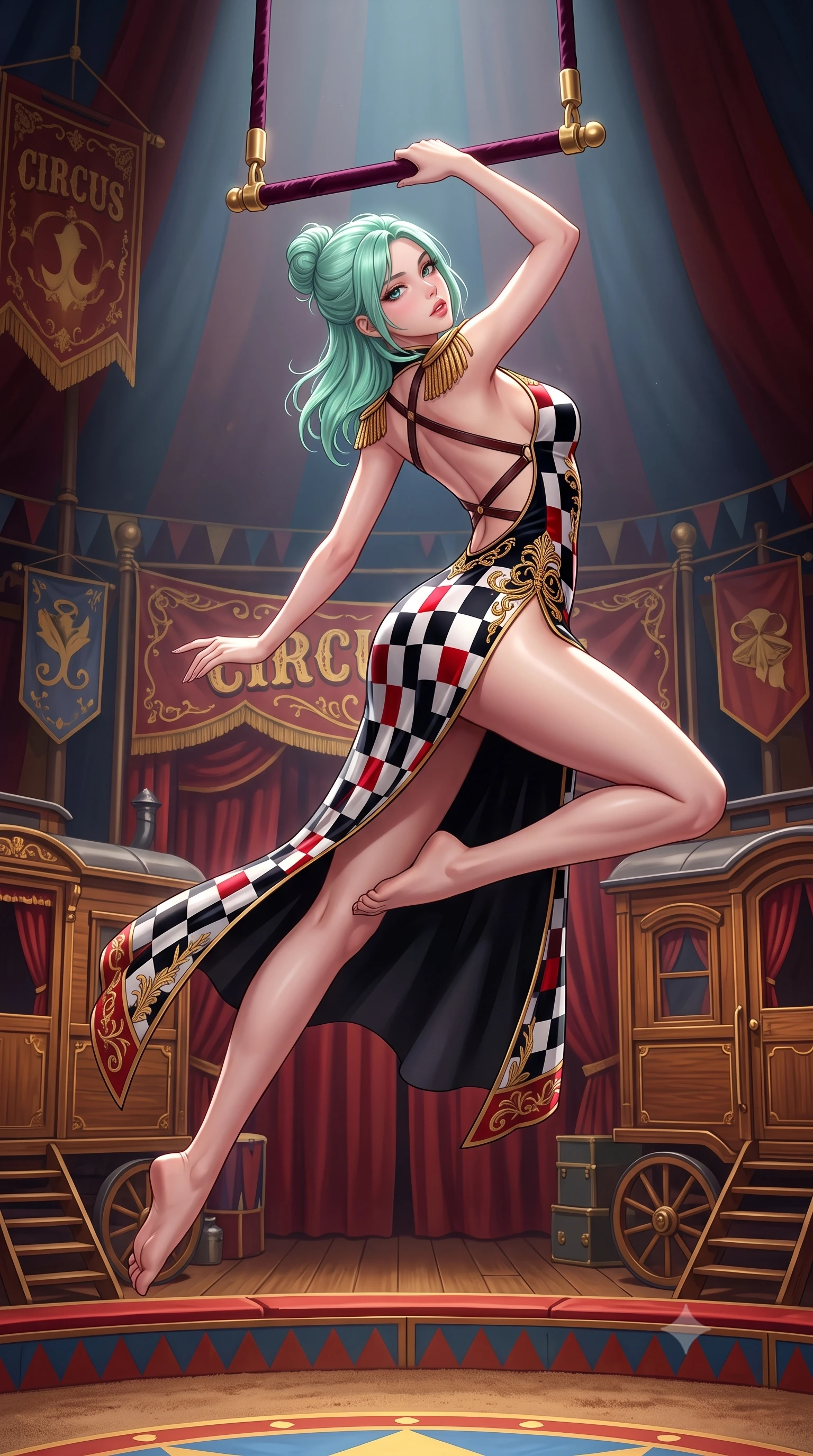 score_9, masterpiece, best quality, ultra-detailed, high-budget anime keyframe, semi-realistic 3D game render, editorial fashion photography, tasteful artistic composition, Japanese woman. low angle full-body shot from head to toe showing her feet, filling the entire 9:16 vertical frame with her statuesque presence, stretching her vertical silhouette. striding forward in a proud supermodel runway stride, hips swaying in an alluring kinetic rhythm that accentuates her curvy hourglass silhouette while hanging suspended from an aerial velvet trapeze bar, arching her spine in a breathtaking dancer line with one leg extended as spotlights trace her curvy hips. The surrounding environment is rendered in vivid detail and crisp panoramic clarity. detailed theatrical costume embroidery, brass button sheen, and polished wood grain in high resolution. She has an absolutely perfect, statuesque 8.5-heads proportion, an exceptionally tall and slender model-like female figure with impossibly long slender legs, a toned flat midriff, an ultra-slim waist, and beautifully sculpted feminine hips. sharp v-shaped jawline, high-bridge nose, intricate jewel-like eyes with depth, thick eyelashes, glossy parted lips with a natural sheen, intensely captivating and seductive bedroom-eyes expression, flawlessly proportioned anatomical accuracy, strict slender model proportions, natural body alignment, perfectly sculpted long slender limbs, ultra-slim waistline, clean dynamic posture without body distortion. wearing a backless silk velvet cocktail dress featuring an ultra-high side slit and gold epaulets in high-contrast black and crisp white checkerboard with red accents, tailored from second-skin aerodynamic stretch vinyl with specular sheen, accented with criss-cross back harness straps in dark leather framing her bare spine, the precision-cut side openings and low-back scoop framing her graceful spine and the sensual sweep of her hips. surrounded by an eccentric, spellbinding, and dangerously seductive circus queen aura. highly saturated vibrant anime colors, detailed shading with soft gradients, rich glossy textures, high-contrast stereoscopic depth, volumetric dynamic lighting, master piece, 9:16 ratio