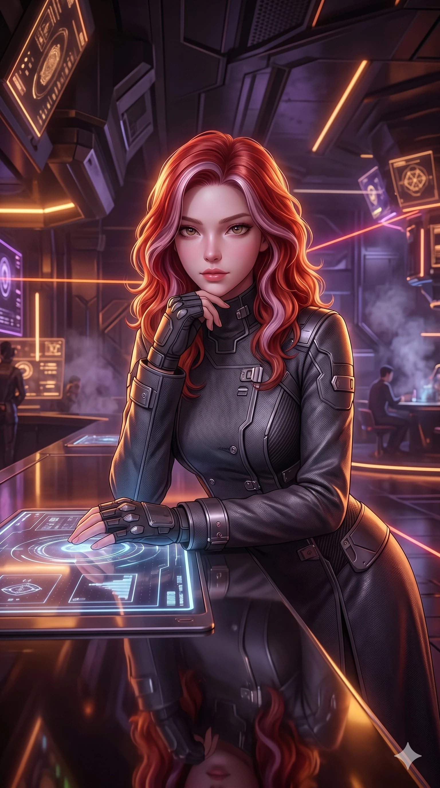 score_9, masterpiece, best quality, ultra-detailed, high-budget anime keyframe, semi-realistic 3D game render, editorial fashion photography, tasteful artistic composition, Caucasian woman. close-up cowboy shot from the waist and thighs up, the character dominates the composition, filling the frame with her large presence. leaning forward over the holographic console while arching her lower back to accentuate her curvy hips, looking into the camera with an intoxicating smoldering bedroom-gaze while leaning against the mirror-polished counter with hips cocked back, resting her chin on one hand while casting an alluring bedroom-gaze into the camera. The surrounding environment is rendered in vivid detail and crisp panoramic clarity: detailed vinyl crop top tailoring, delicate strap hardware, and luxurious underground lounge interior in razor-sharp precision. She has an exceptionally elegant, slender, and willowy female figure with an ultra-slim waist, flat toned midriff, narrow ribcage, and sculpted feminine hips creating an alluring, slim hourglass silhouette without bulk. sharp v-shaped jawline, high-bridge nose, intricate jewel-like sparkling eyes with depth, thick eyelashes, glossy parted lips with a natural sheen, bright confident smile with an enchanting and coquettish sensual glint, exuding both youthful magnetic charm and sovereign high-tech allure, flawlessly proportioned anatomical accuracy, strict slender model proportions, natural body alignment, perfectly sculpted long slender limbs, ultra-slim waistline, clean dynamic posture without body distortion. wearing a prestigious diplomatic high-neck sci-fi senate coat dress in structured nano-wool with polished titanium clasp hardware in charcoal grey and polished chrome, crafted from lightweight aerodynamic matte carbon-fiber weave with structural stiffness, complemented by fingerless armored tactical gloves and a glowing holographic wrist terminal, the bespoke structured tailoring following the natural line of her 8.5-heads silhouette with refined elegance. bathed in the warm, moody amber and soft purple under-counter mood lighting with crisp laser accent beams. highly saturated vibrant anime colors, detailed shading with soft gradients, rich glossy textures, high-contrast stereoscopic depth, volumetric dynamic lighting, master piece, 9:16 ratio