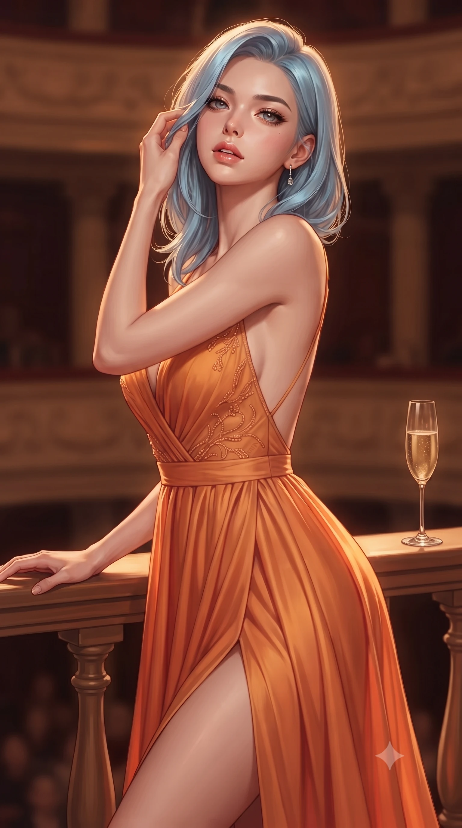score_9, masterpiece, best quality, ultra-detailed, high-budget anime keyframe, editorial fashion photography, tasteful artistic composition, Korean woman. close-up cowboy shot from the waist and thighs up, the character dominates the composition, filling the frame with her large presence, background elements kept in soft focus. tilting her chin up slightly with lips parted in a composed, provocative expression the background shows a soft-focus an intimate opera balcony with a glass of champagne on the wooden railing. She has an exceptionally elegant, slender, and willowy female figure with an ultra-slim waist, a gracefully sculpted slender torso, and a refined silhouette. sharp v-shaped jawline, high-bridge nose, intricate jewel-like eyes with depth, thick eyelashes, glossy lips with a natural sheen. wearing a tailored high-slit resort gown in sunset orange chiffon, featuring a daring thigh-slit and open back. warm sunset light casting a peaceful, cozy orange wash on her figure. ultra-reflective glossy finish, specular highlights, metallic sheen, high-contrast stereoscopic depth, volumetric dynamic lighting, 2k, ultra detail, master piece, 9:16 ratio
