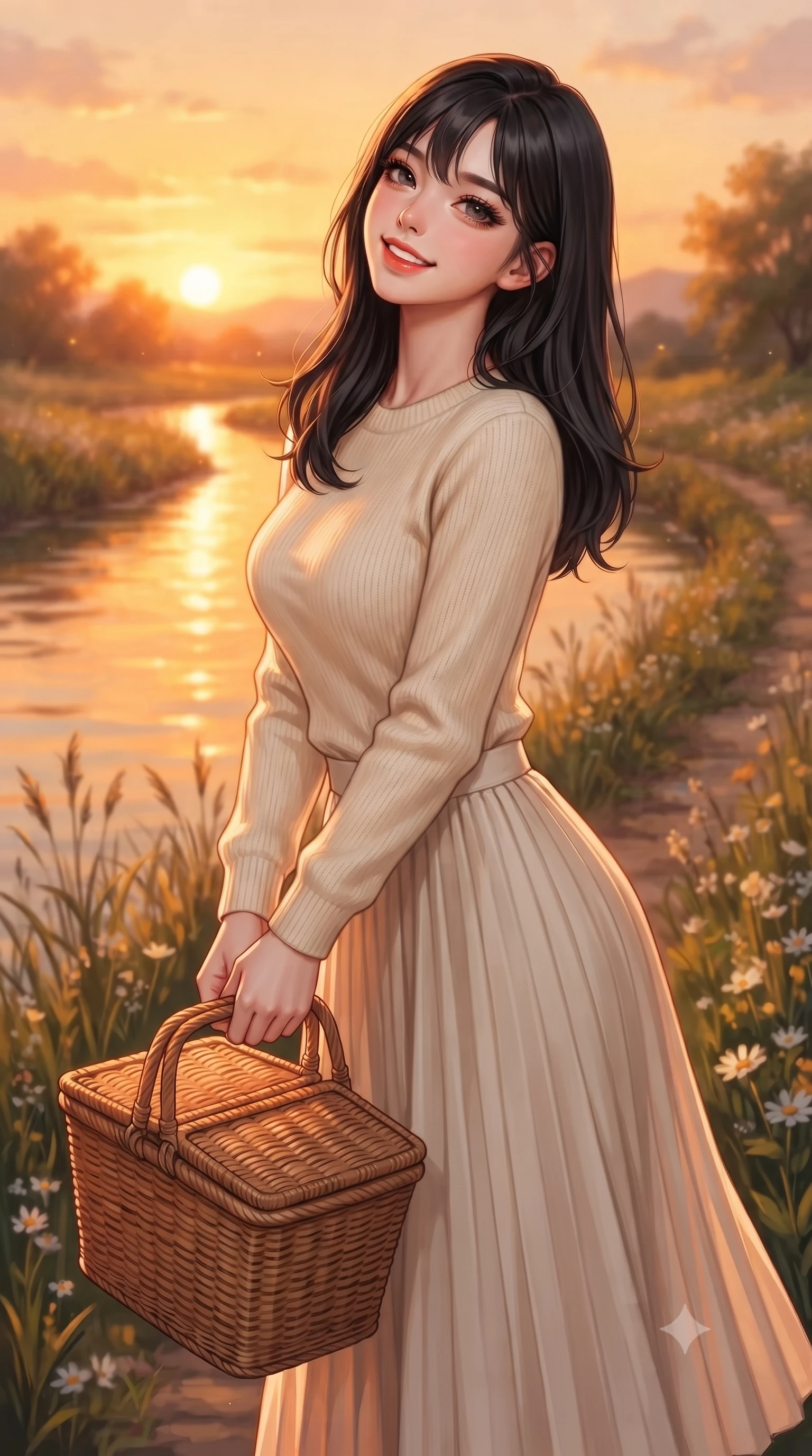 score_9, masterpiece, best quality, ultra-detailed, high-budget anime keyframe, editorial fashion photography, tasteful artistic composition, Korean woman. close-up cowboy shot from the waist and thighs up, the character dominates the composition, filling the frame with her large presence, background elements kept in soft focus. tilting her chin up with a composed yet magnetic gaze under long dark eyelashes set against a soft-focus background of along a winding river path lined with reeds and wild river flowers holding a woven picnic basket with a bright, cheerful expression. She has an exceptionally elegant, slender, and willowy female figure with an ultra-slim waist, a gracefully sculpted slender torso, and a refined silhouette. sharp v-shaped jawline, high-bridge nose, intricate jewel-like eyes with depth, thick eyelashes, glossy lips with a natural sheen. wearing slim-fit cozy knit sweater in cream, paired with a flowy pleated midi skirt. warm golden hour sunset light reflecting off the calm river surface. highly saturated vibrant anime colors, detailed shading with soft gradients, rich glossy textures, high-contrast stereoscopic depth, volumetric dynamic lighting, master piece, 9:16 ratio