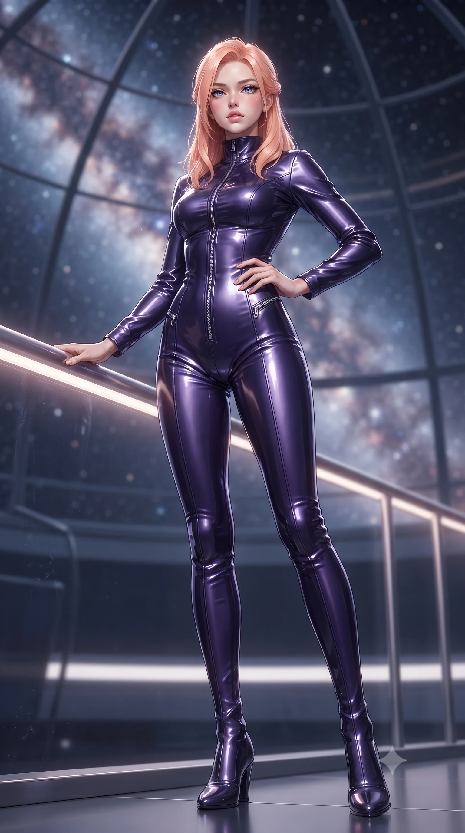 score_9, masterpiece, best quality, ultra-detailed, high-budget anime keyframe, editorial fashion photography, tasteful artistic composition, Japanese woman. low angle full-body shot from head to toe showing her feet, filling the entire 9:16 vertical frame with her statuesque presence, stretching her vertical silhouette. standing in a tall, confident posture with one hand on a glowing metal railing, stretching her statuesque body, the background shows a soft-focus a void observatory looking at a galaxy nebula in stardust under a dome. She has an absolutely perfect, statuesque 8.5-heads proportion, an exceptionally tall and slender model-like female figure with impossibly long slender legs and an ultra-slim waist. sharp v-shaped jawline, high-bridge nose, intricate jewel-like eyes with depth, thick eyelashes, glossy lips with a natural sheen. wearing a form-contouring form-contouring pilot flight suit in deep purple liquid vinyl, featuring a snug mock-neck and chrome zippers. soft silver starlight wrapping her statuesque posture in a quiet mood. ultra-reflective glossy finish, specular highlights, metallic sheen, high-contrast stereoscopic depth, volumetric dynamic lighting, 2k, ultra detail, master piece, 9:16 ratio