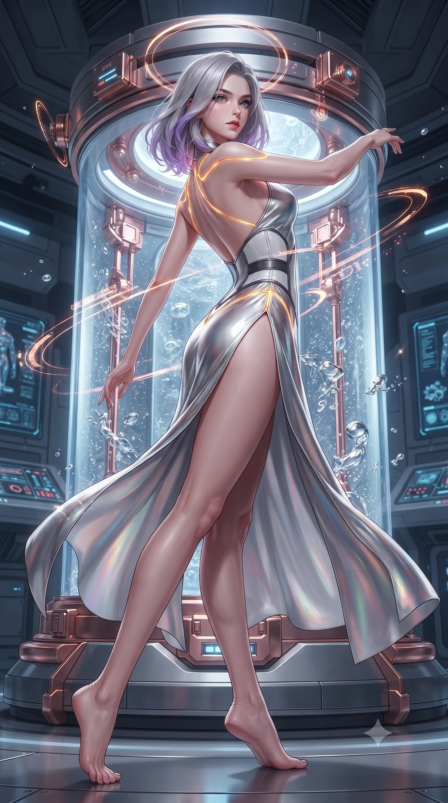 score_9, masterpiece, best quality, ultra-detailed, high-budget anime keyframe, editorial fashion photography, tasteful artistic composition, Caucasian woman. low angle full-body shot from head to toe showing her feet, filling the entire 9:16 vertical frame with her statuesque presence, stretching her vertical silhouette. arching her spine in a fluid zero-gravity turn with sovereign grace, her long slender legs and sculpted torso creating a sweeping line while pivoting dynamically beside the curved glass incubator as floating rose-gold holographic ring halos align around her. The surrounding environment is rendered in vivid detail and crisp panoramic clarity. intricate crystal glass cylinder seams, nano-fluid bubble textures, and rose-gold metal fittings in deep focus. She has an absolutely perfect, statuesque 8.5-heads proportion, an exceptionally tall and slender model-like female figure with impossibly long slender legs, a toned flat midriff, and an ultra-slim waist. sharp v-shaped jawline, high-bridge nose, intricate jewel-like eyes with depth, thick eyelashes, glossy lips with a natural sheen, flawlessly proportioned anatomical accuracy, strict slender model proportions, natural body alignment, perfectly sculpted long slender limbs, ultra-slim waistline, clean dynamic posture without body distortion. wearing a backless molten silver liquid-metal gown with a high-cut side slit and precision-fitted waist boning in high-contrast monochrome white enamel and glowing amber lines, made of smooth flowing silk chiffon that shifts colors with movement, accented with glowing fiber-optic seams tracing her collarbones and hip curves, the form-contouring material adhering flawlessly to her sculpted flat midriff and slender torso, emphasizing her long leg lines and perfectly proportioned willowy build. illuminated by sparkling fluid droplet refractions and crisp specular highlights tracing her slender curves. ultra-reflective glossy finish, specular highlights, dark metallic sheen, high-contrast stereoscopic depth, volumetric dynamic lighting, 2k, ultra detail, master piece, 9:16 ratio