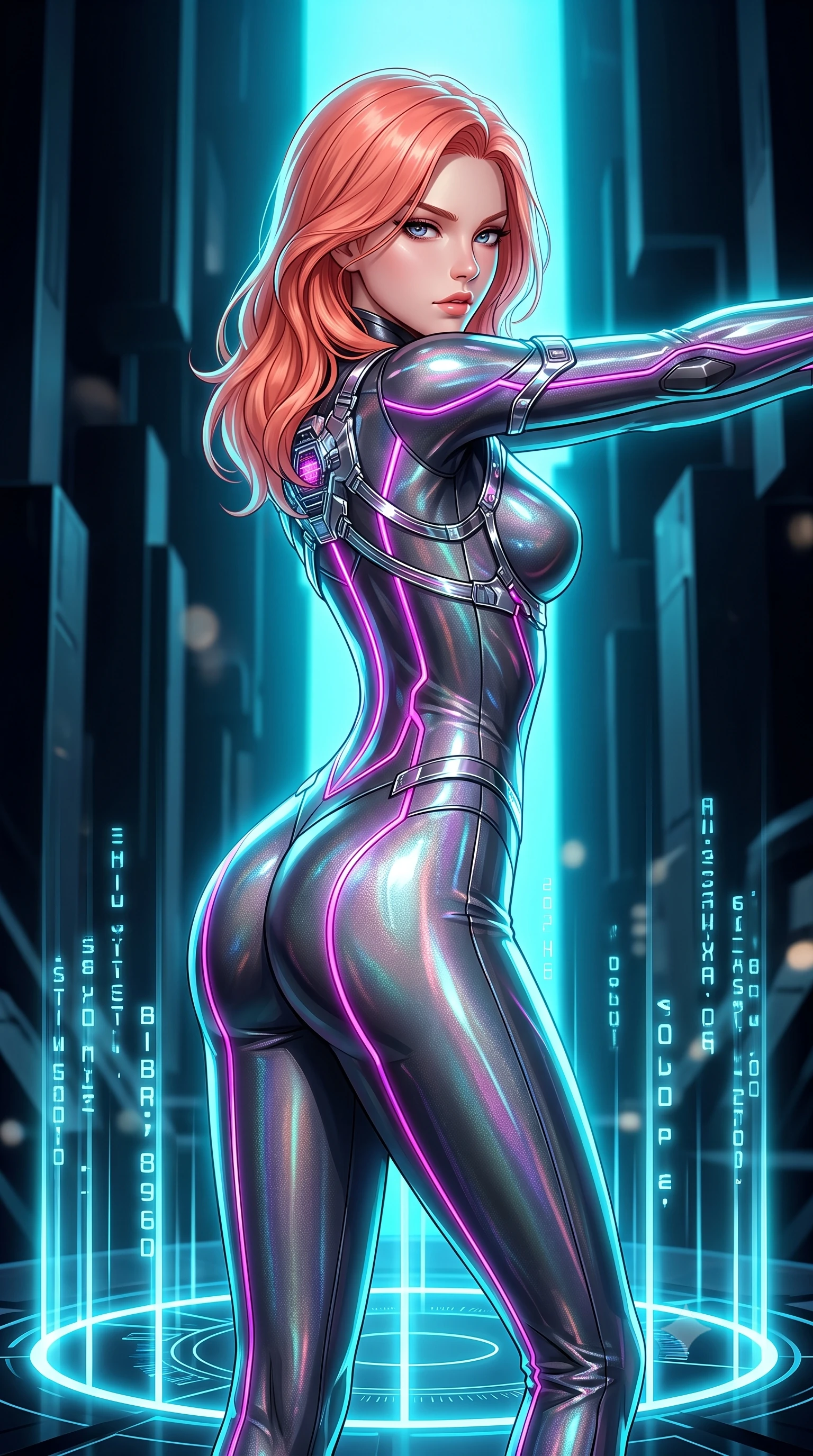 score_9, masterpiece, best quality, ultra-detailed, high-budget anime keyframe, editorial fashion photography, tasteful artistic composition, Japanese woman. close-up cowboy shot from the waist and thighs up, the character dominates the composition, filling the frame with her large presence. stretching forward with an alluring arch of her spine, glancing over her shoulder with divine self-assurance and magnetic intensity while pausing at the center of a circular laser nexus as vertical light pillars project glowing cybernetic glyphs around her. The composition keeps background elements in soft focus with creamy bokeh. towering obsidian monoliths and dark architectural recesses softened in moody shallow focus. She has an exceptionally elegant, slender, and willowy female figure with an ultra-slim waist, a gracefully sculpted slender torso, toned flat midriff, and a refined slim silhouette. sharp v-shaped jawline, high-bridge nose, intricate jewel-like eyes with depth, thick eyelashes, glossy lips with a natural sheen, flawlessly proportioned anatomical accuracy, strict slender model proportions, natural body alignment, perfectly sculpted long slender limbs, ultra-slim waistline, clean dynamic posture without body distortion. wearing an ultra-sleek aerodynamic tech-jumpsuit sculpted tightly to her figure, accented with glowing fiber-optic spine lines in vibrant electric magenta and ultra-reflective dark titanium, crafted from delicate iridescent organza interwoven with luminescent micro-fibers, reinforced by a sleek metallic chrome harness and delicate glowing micro-straps, the sleek second-skin cut tightly hugging her graceful clavicle, narrow waist, and feminine curves with athletic precision. bathed in intense high-contrast cyan laser rim lighting and deep obsidian shadow fill. ultra-reflective glossy finish, specular highlights, dark metallic sheen, high-contrast stereoscopic depth, volumetric dynamic lighting, 2k, ultra detail, master piece, 9:16 ratio