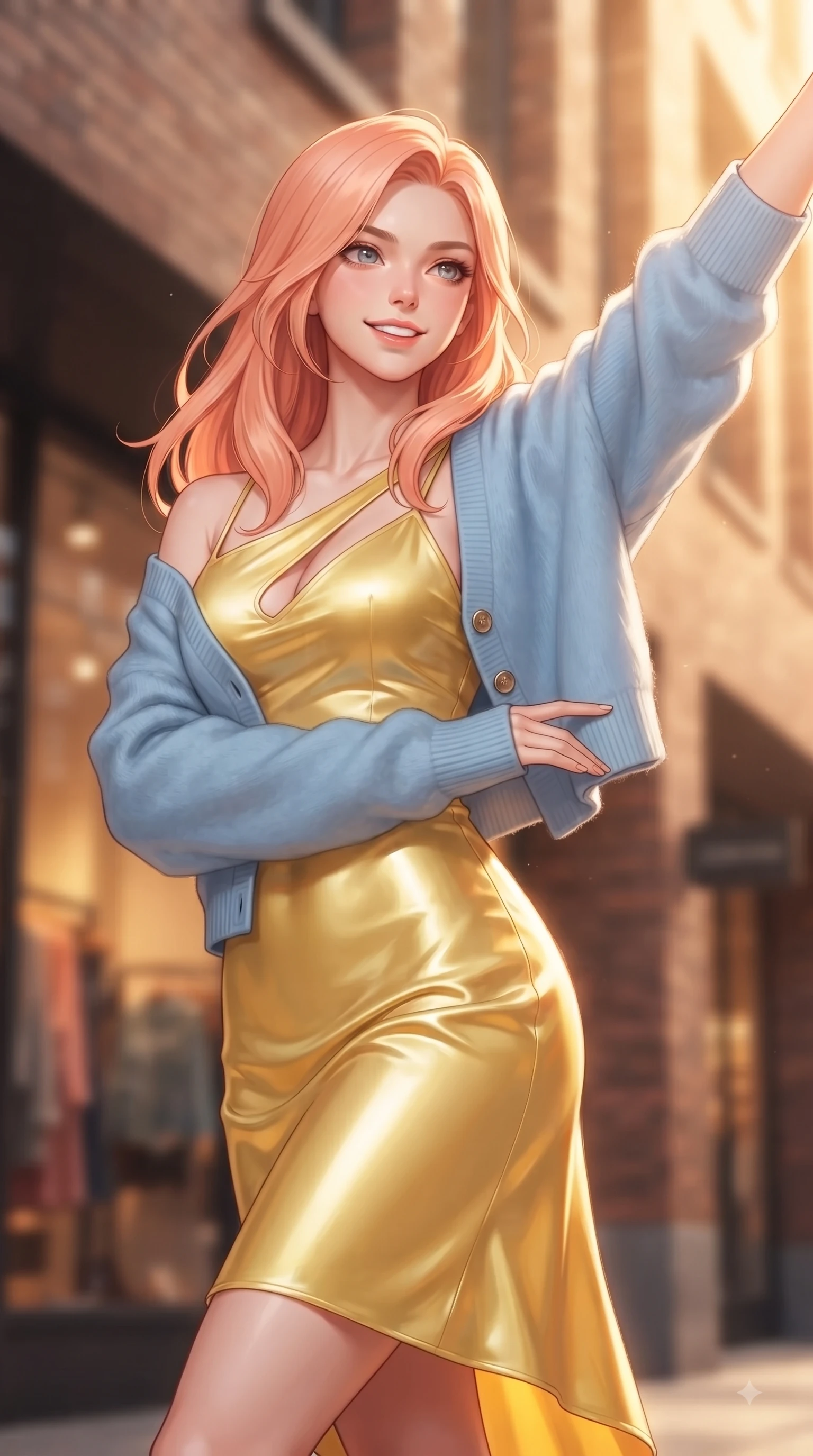 score_9, masterpiece, best quality, ultra-detailed, high-budget anime keyframe, editorial fashion photography, tasteful artistic composition, Japanese woman. close-up cowboy shot from the waist and thighs up, the character dominates the composition, filling the frame with her large presence. Extending one arm in an elegant stretch toward the light while smiling with vibrant, youthful self-assurance while pivoting gracefully outside a luxury fashion popup store with a captivating bright smile. The composition keeps background elements in soft focus with dreamy bokeh. modern brick architecture and chic boutique windows blurred into warm, creamy background bokeh. She has an exceptionally elegant, slender, and willowy female figure with an ultra-slim waist, a gracefully sculpted slender torso, and a refined silhouette. sharp v-shaped jawline, high-bridge nose, intricate jewel-like eyes with depth, thick eyelashes, glossy lips with a natural sheen, flawlessly proportioned anatomical accuracy, natural body alignment, perfectly sculpted elegant limbs, clean dynamic posture without body distortion. wearing a glossy satin slip dress layered under a soft cashmere cardigan in sunny canary yellow and clear sky blue, crafted from smooth liquid silk satin, accented with a Tasteful chest slit framing her clavicle gracefully, the form-contouring material highlighting her ultra-slim waist and long lines. surrounded by a lively, stylish, and fresh city atmosphere. ultra-reflective glossy finish, specular highlights, metallic sheen, high-contrast stereoscopic depth, volumetric dynamic lighting, 2k, ultra detail, master piece, 9:16 ratio