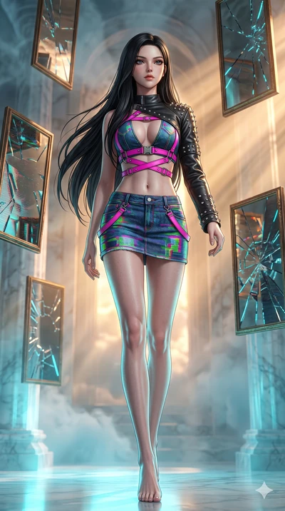 score_9, masterpiece, best quality, ultra-detailed, high-budget anime keyframe, Japanese woman. low angle full-body shot filling the entire 9:16 frame with her statuesque presence, stretching the vertical silhouette. wandering through a mirage cloud 