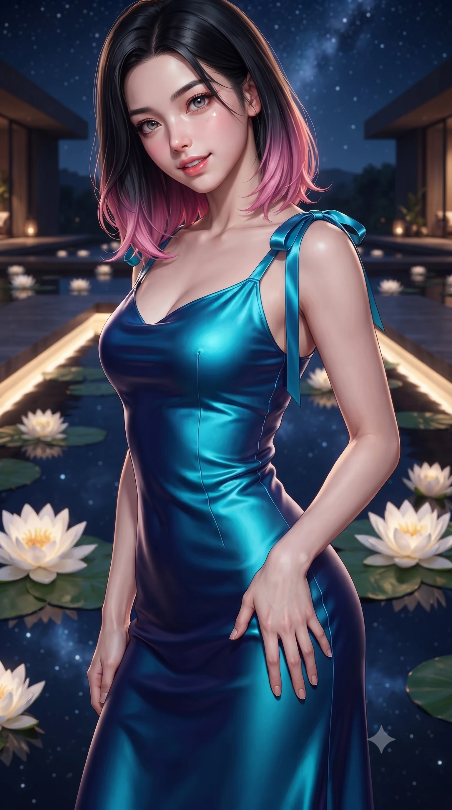 score_9, masterpiece, best quality, ultra-detailed, high-budget anime keyframe, editorial fashion photography, tasteful artistic composition, Korean woman. close-up cowboy shot from the waist and thighs up, the character dominates the composition, filling the frame with her large presence. tilting her head with a teasing half-smile, running one hand slowly down the side of her hip in a flirtatious S-curve as ambient light caresses her silhouette while twisting her slender torso in an alluring S-curve, floating water lilies and reflected starry skies framing her flat midriff and hips. The background shows a soft-focus night-blooming white water lilies softened in avant-garde wine estate shallow focus. She has an exceptionally elegant, slender, and willowy female figure with an ultra-slim waist, flat toned midriff, narrow ribcage, and sculpted feminine hips creating an alluring, slim hourglass silhouette without bulk. sharp v-shaped jawline, high-bridge nose, intricate jewel-like sparkling eyes with depth, thick eyelashes, glossy parted lips with a natural peach sheen, bright cheerful beaming smile with an enchanting and coquettish sensual glint, exuding both youthful cute charm and seductive allure, flawlessly proportioned anatomical accuracy, strict slender model proportions, natural body alignment, perfectly sculpted long slender limbs, ultra-slim waistline, clean dynamic posture without body distortion. wearing a sculpted liquid satin bias-cut slip dress tailored with contouring seams that adhere flawlessly over her feminine hips in Maldivian bioluminescent electric cyan and midnight indigo, crafted from fluid liquid silk satin that clings smoothly to her narrow waist and rounded hips with a dewy sheen, finished with satin ribbon ties at the shoulders fluttering in the gentle breeze, the impeccably tailored cut draping gracefully along her slender figure with aristocratic poise. bathed in the warm 2700K linear architectural cove lights concealed beneath floating pathways. ultra-reflective glossy finish, specular highlights, rich textural contrasts, high-contrast stereoscopic depth, volumetric dynamic lighting, 2k, ultra detail, master piece, 9:16 ratio