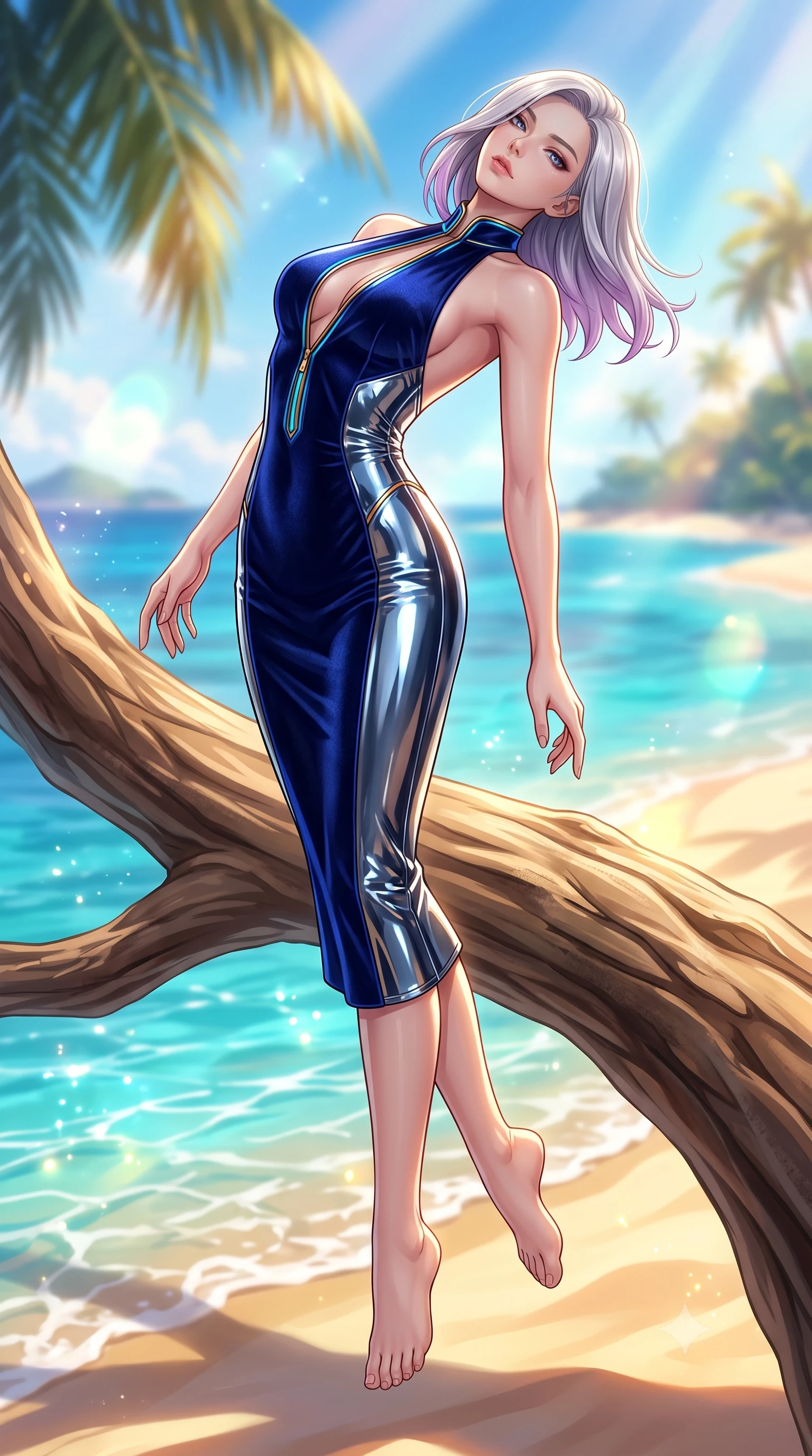 score_9, masterpiece, best quality, ultra-detailed, high-budget anime keyframe, semi-realistic 3D game render, editorial fashion photography, tasteful artistic composition, Caucasian woman. low angle full-body shot from head to toe showing her feet, filling the entire 9:16 vertical frame with her statuesque presence, stretching her vertical silhouette. arching her back in a fluid zero-gravity turn with sovereign grace, her long slender legs and sculpted torso creating a sweeping line while arching her back gracefully on a sun-warmed driftwood branch with the sparkling coral sea stretching behind. The composition keeps background elements in soft focus with creamy bokeh. warm tropical sunbeams refracting through sea spray into a soft, glowing backdrop. She has an absolutely perfect, statuesque 8.5-heads proportion, an exceptionally tall and slender model-like female figure with impossibly long slender legs, a toned flat midriff, and an ultra-slim waist. sharp v-shaped jawline, high-bridge nose, intricate jewel-like eyes with depth, thick eyelashes, glossy lips with a natural sheen, flawlessly proportioned anatomical accuracy, strict slender model proportions, natural body alignment, perfectly sculpted long slender limbs, ultra-slim waistline, clean dynamic posture without body distortion. wearing a velvet halter-neck midi dress fitting her statuesque contour flawlessly with a Tasteful chest slit and open spine in deep royal navy blue and specular chrome, crafted from ultra-reflective second-skin latex with a high-gloss glass-like polish, featuring a dangerously unzipped neckline framed by glowing cybernetic accents, the sleek second-skin cut tightly hugging her graceful clavicle, narrow waist, and feminine curves with athletic precision. surrounded by a fresh, sun-soaked, and breathtakingly sensual tropical paradise ambiance. highly saturated vibrant anime colors, detailed shading with soft gradients, rich glossy textures, high-contrast stereoscopic depth, volumetric dynamic lighting, master piece, 9:16 ratio